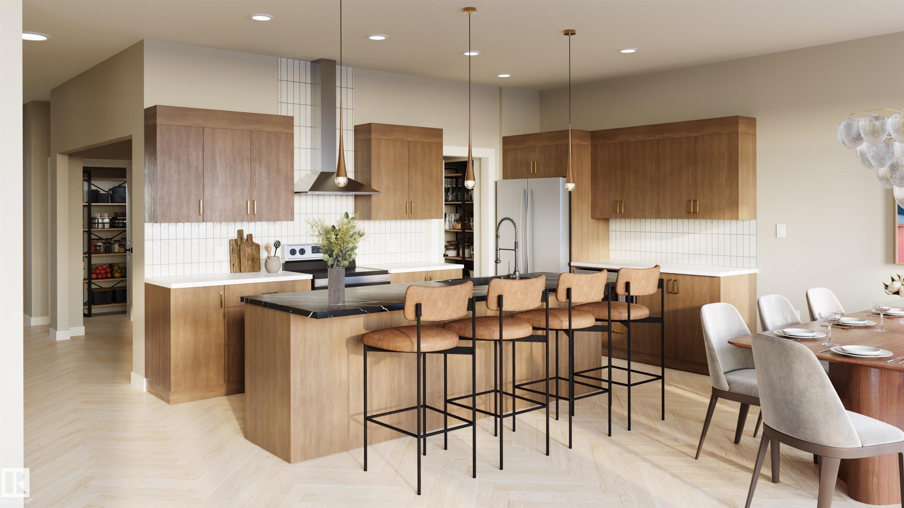 Open-concept kitchen featuring an island with seating, stainless steel appliances, a tile backsplash, wood-finish cabinetry, and recessed lighting - 1729 Crossbill Loop N, Edmonton, AB