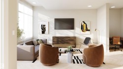 Light wood-finish flooring complements a neutral color palette -