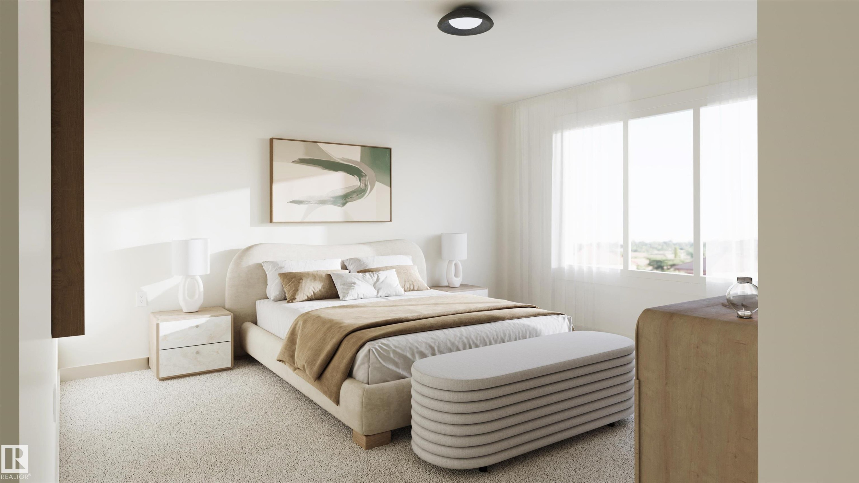 Bright bedroom featuring a large window with sheer white coverings, neutral tone carpeting, and a built-in flush-mount ceiling light - 1729 Crossbill Loop N, Edmonton, AB