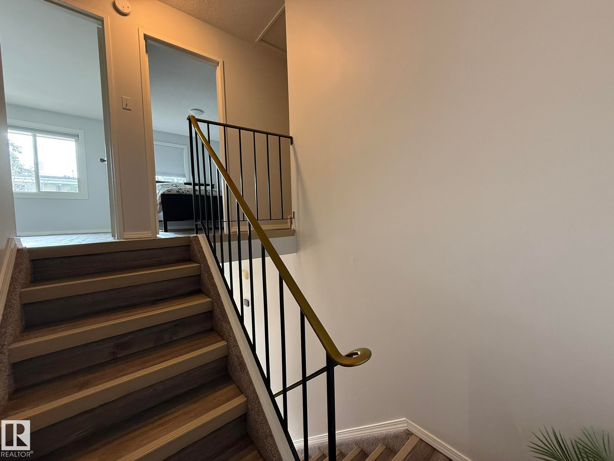 Staircase featuring wood-finish treads, carpeted risers, and a black wrought iron railing with a brass-finish handrail - 166 Roseland Village, Edmonton, AB - Indoor Photo Showing Other Room