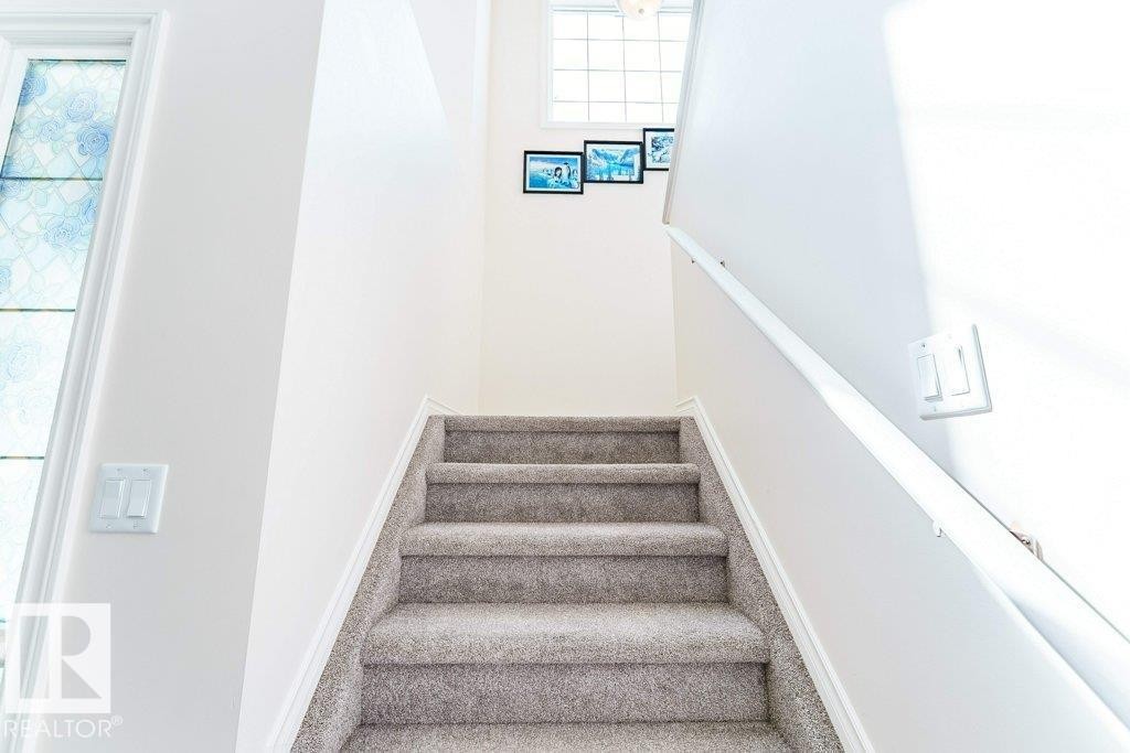 Carpeted staircase with white walls and a white handrail - 3525 22 Street, Edmonton, AB - Indoor Photo Showing Other Room