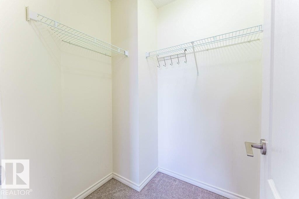 Walk-in closet featuring wire shelving, wall-mounted hooks, light-toned walls, and carpet flooring - 3525 22 Street, Edmonton, AB - Indoor With Storage