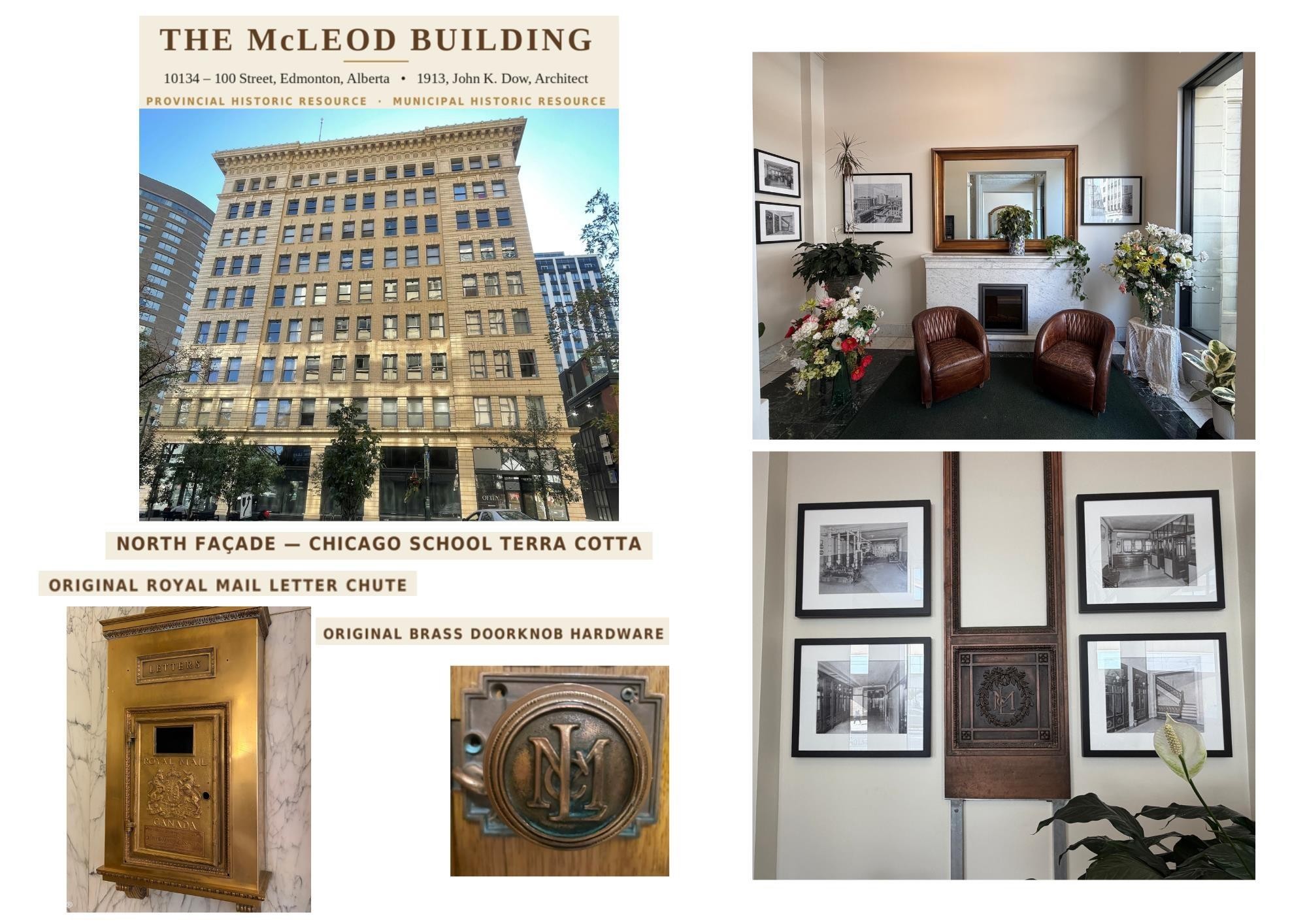 Property Description and Features. Presenting the McLeod Building's exterior, interior elements, and architectural details - #210 10134 100 St Nw, Edmonton, AB - Other