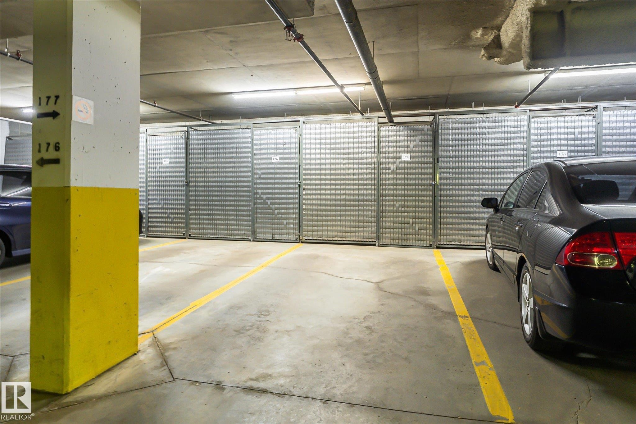 Underground parking garage featuring concrete flooring, overhead lighting, and dedicated storage units with metal grate doors - #310 237 Youville Dr E Nw, Edmonton, AB - Indoor Photo Showing Garage