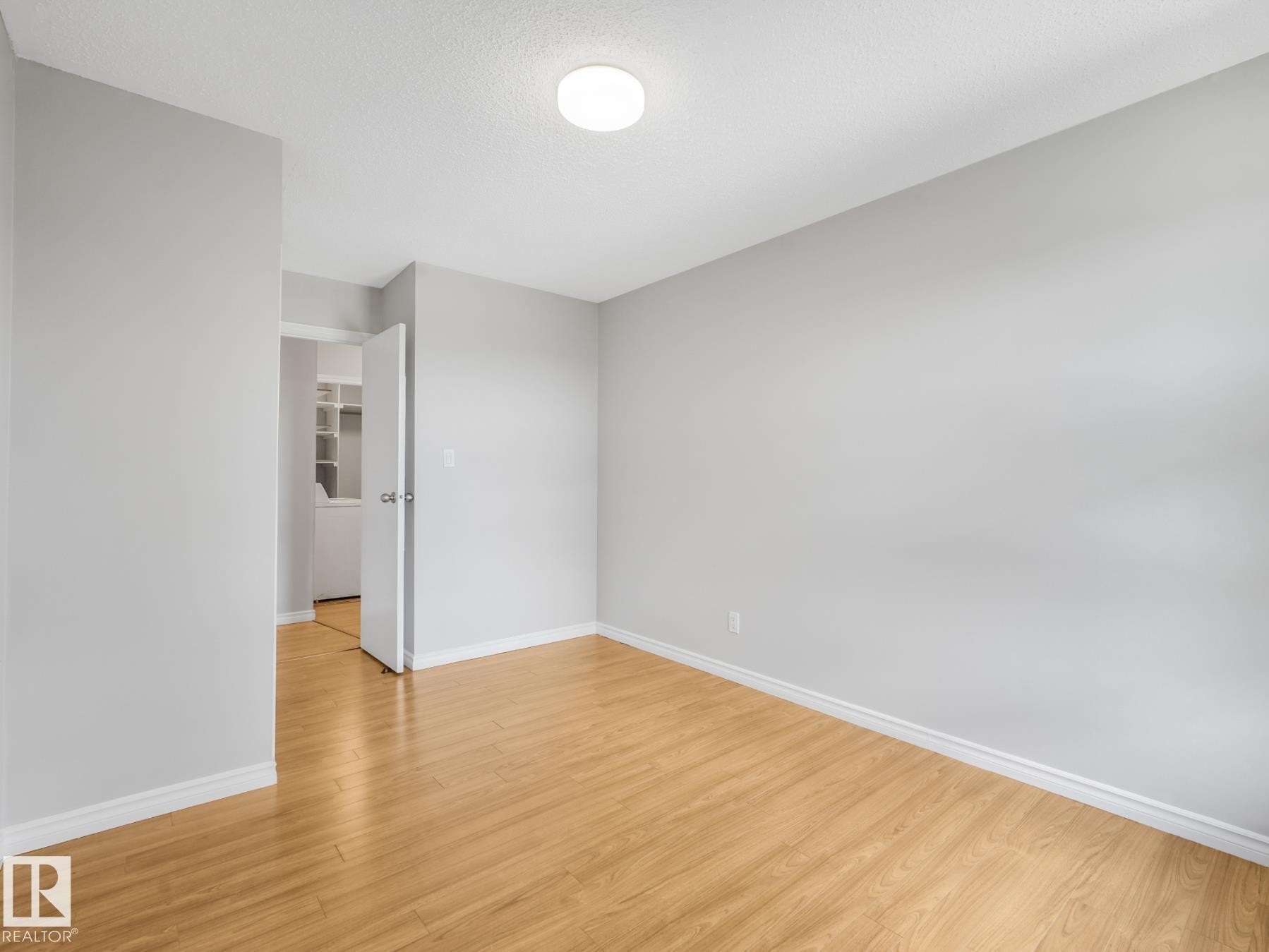 Hardwood-finish flooring and light gray walls complement the bright ceiling light fixture - #301 10528 29 Av Nw, Edmonton, AB