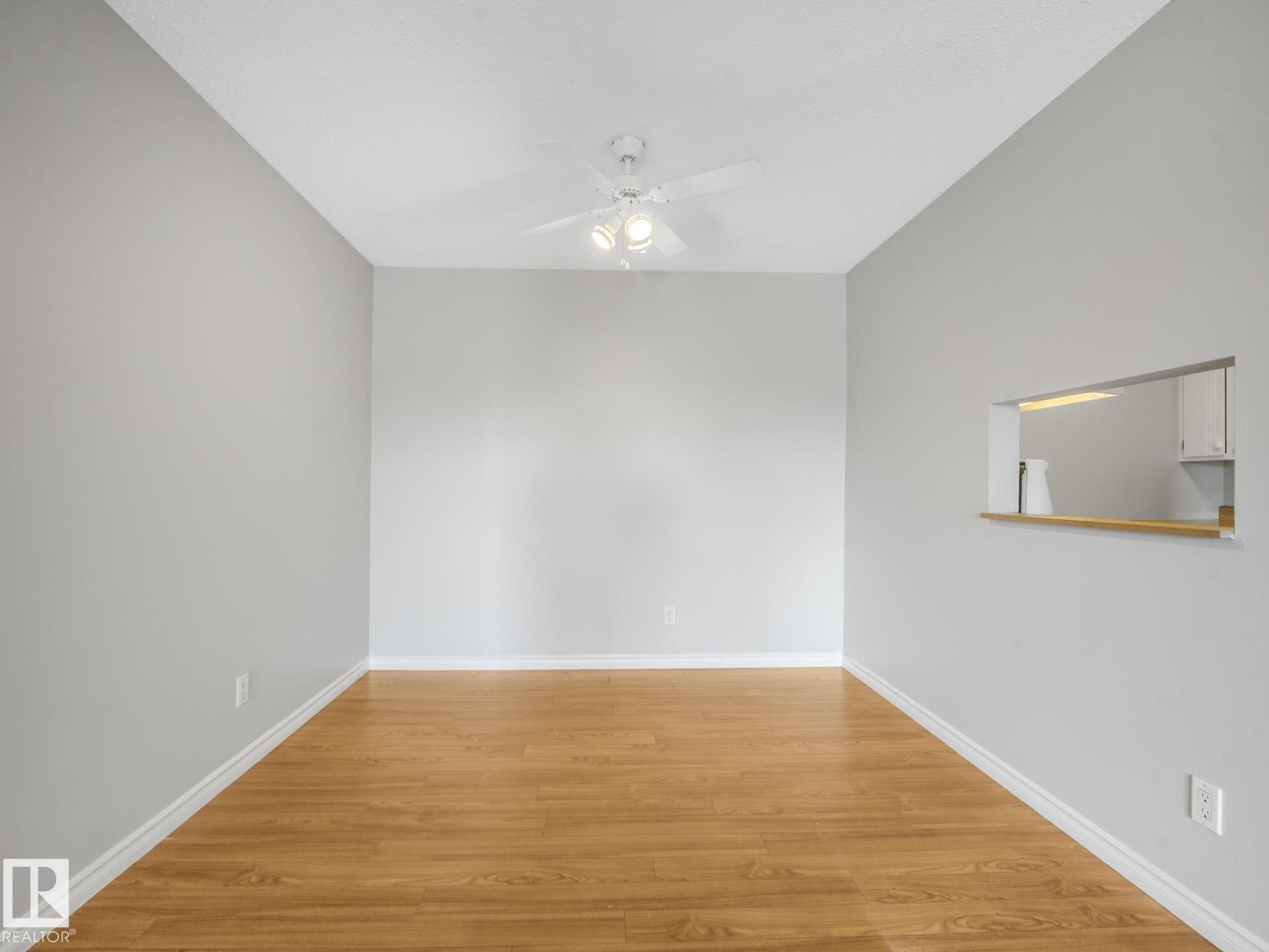 Spacious room with wood-finish flooring, light grey wall paint, and white trim - #301 10528 29 Av Nw, Edmonton, AB