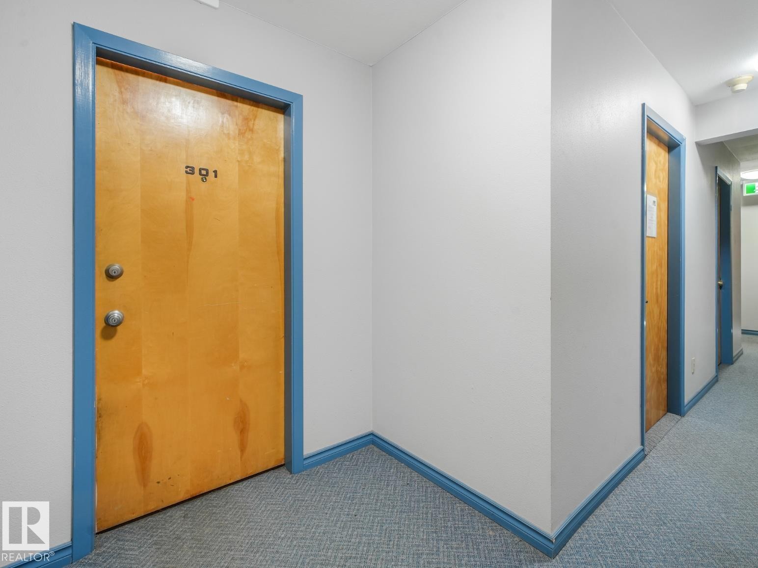 Light wood-finish door with contrasting blue trim and baseboards - #301 10528 29 Av Nw, Edmonton, AB