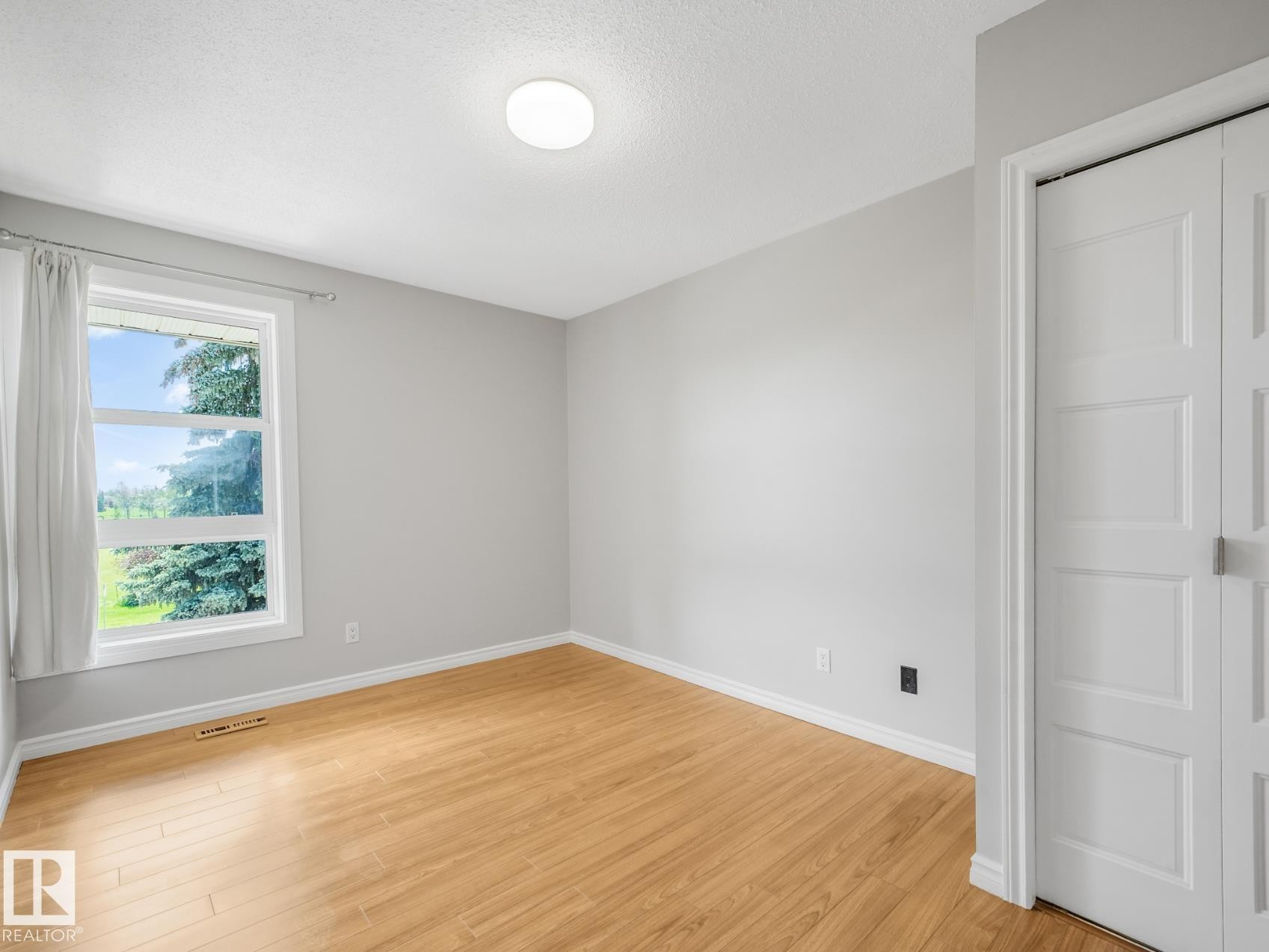 Bright room featuring wood-finish flooring, light grey walls, and white trim - #301 10528 29 Av Nw, Edmonton, AB