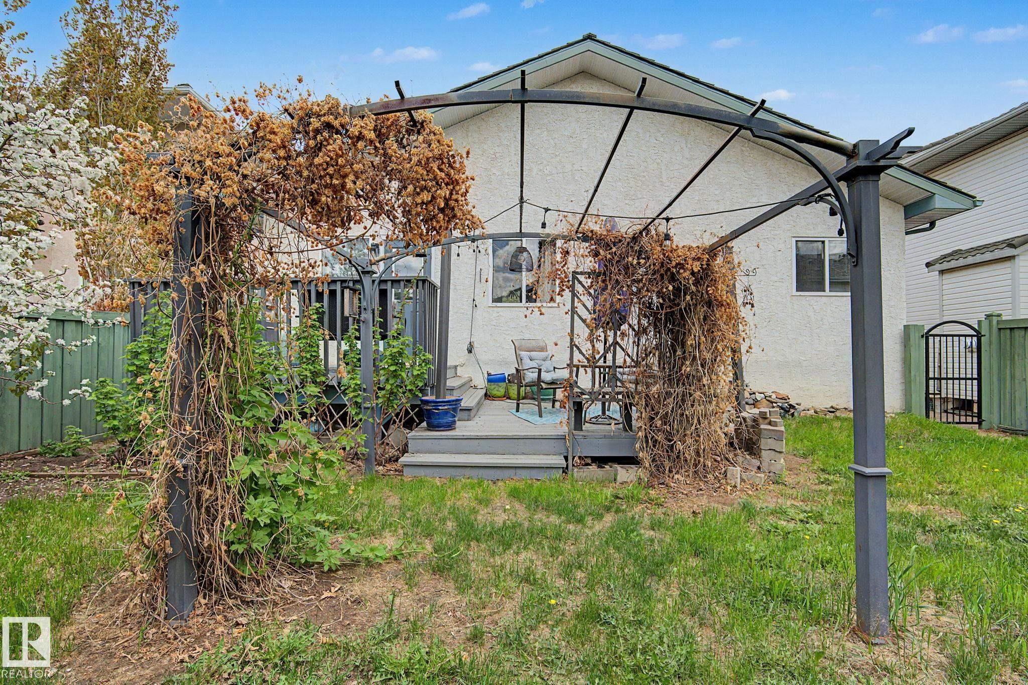 Backyard featuring a multi-level deck, a metal pergola with string lighting, and established greenery - 1619 Welbourn Cove, Edmonton, AB
