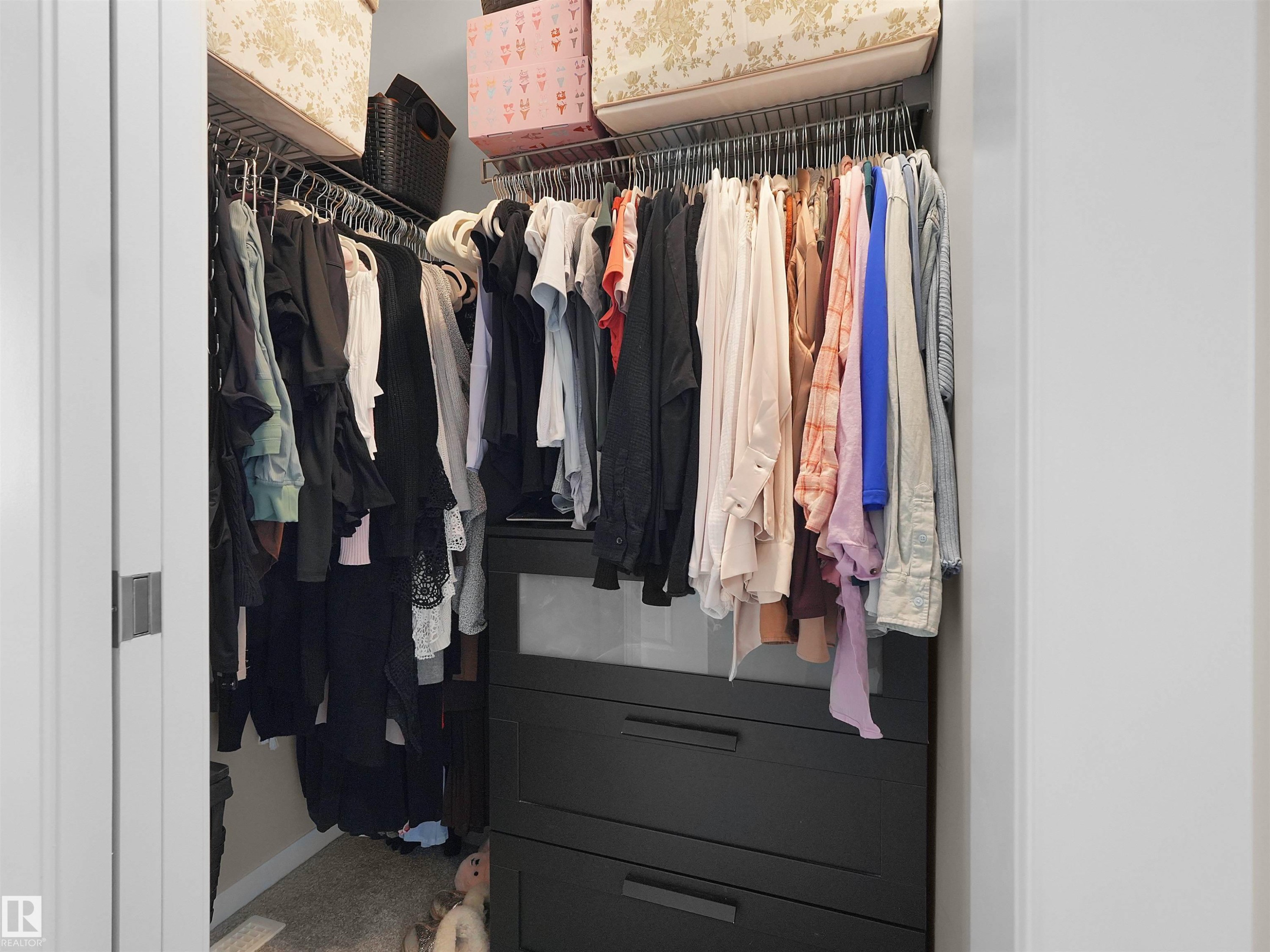 Custom closet system featuring built-in dark cabinetry with drawer storage and integrated shelving - #49 17832 78 St Nw, Edmonton, AB - Indoor With Storage