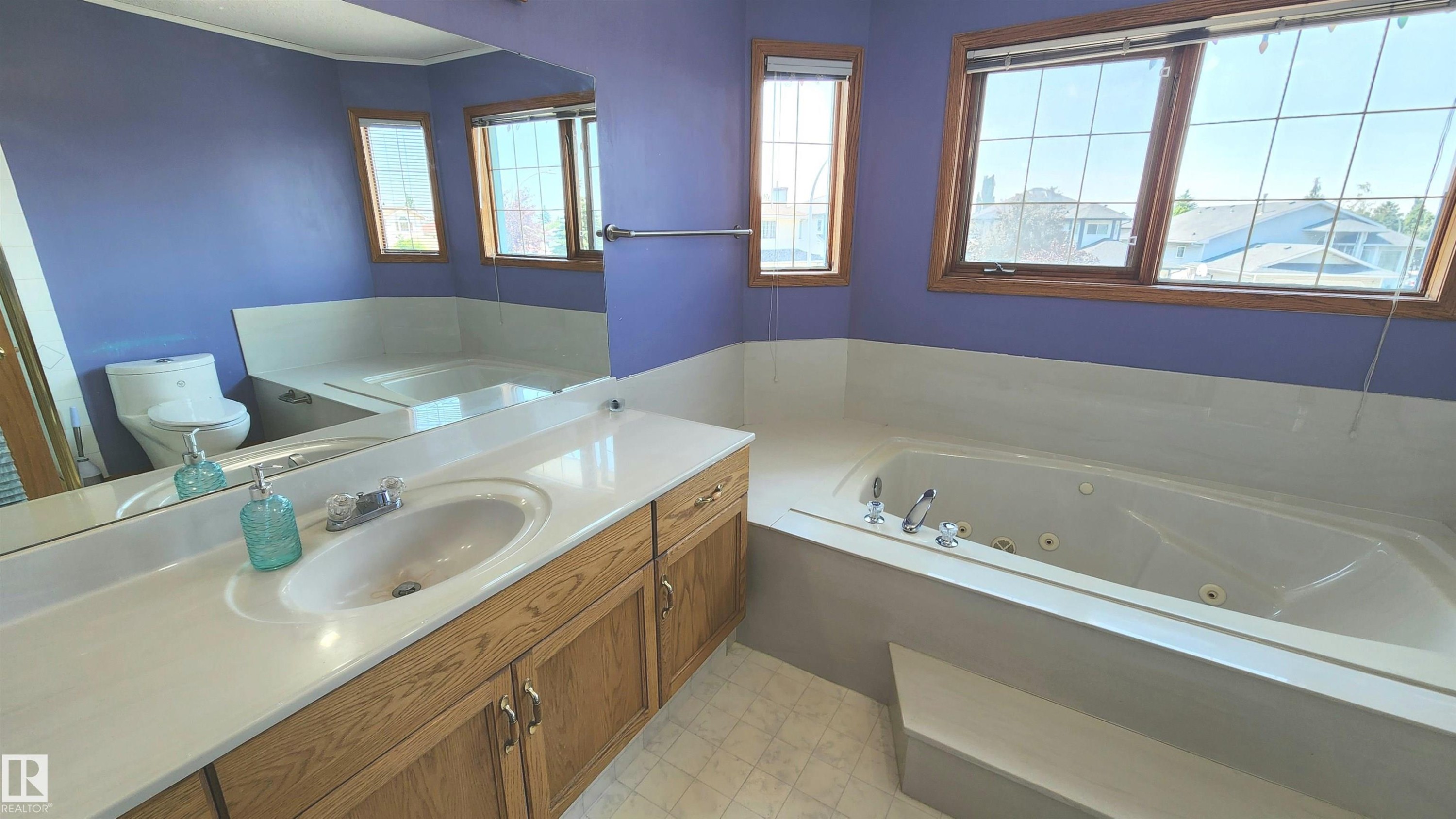 Bathroom featuring a built-in jetted tub, wood-finish vanity with an integrated sink, broad wall mirror, and multiple windows with grid patterns - 2708 44A Avenue, Edmonton, AB
