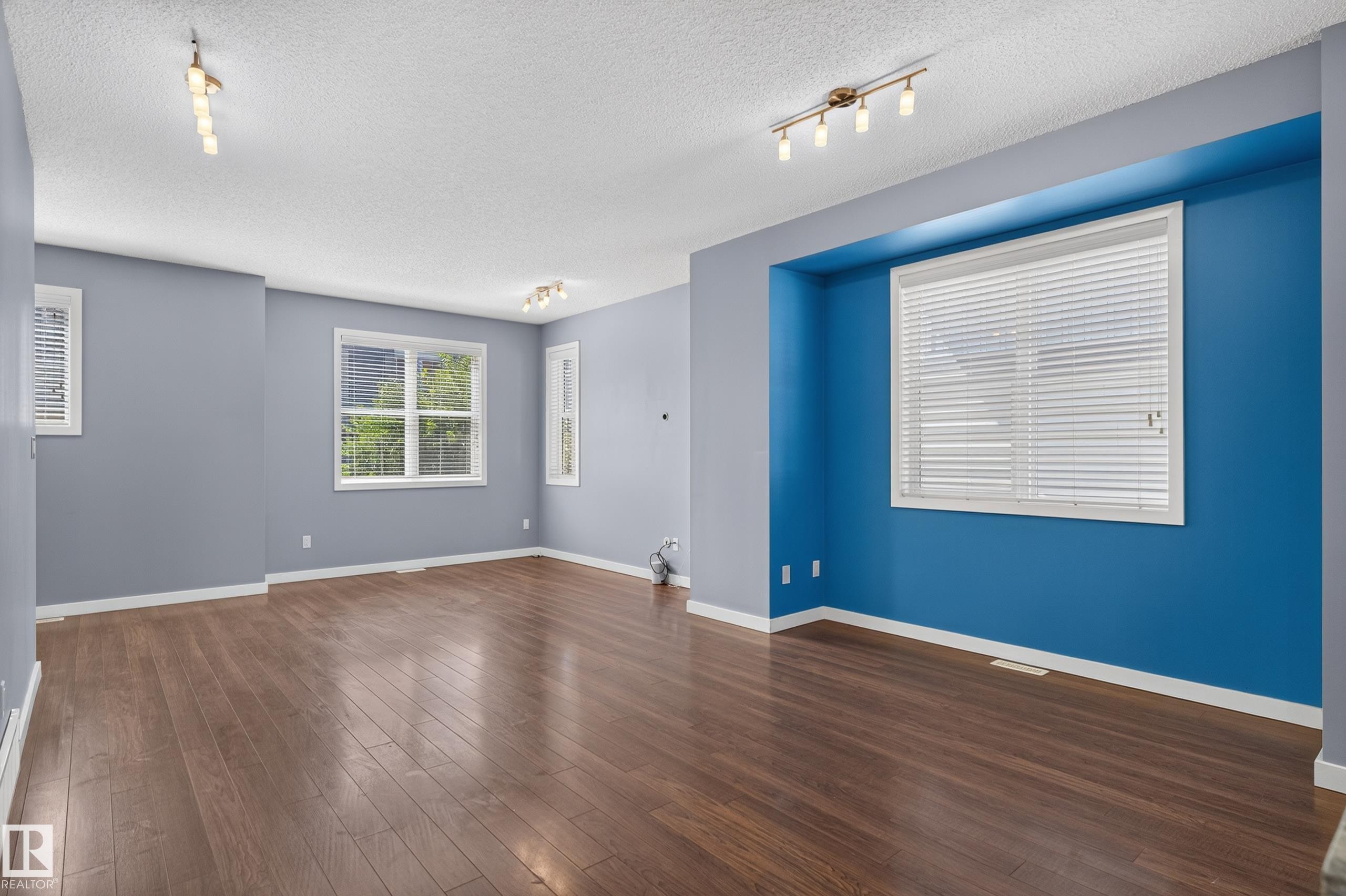Spacious room featuring wood-finish flooring, track lighting, multiple windows with blinds, and contrasting accent walls - 24 655 Watt Boulevard, Edmonton, AB