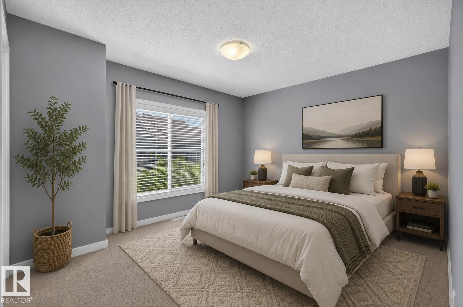 Spacious bedroom featuring light gray wall paint, a large window with blinds, and beige carpeting - 24 655 Watt Boulevard, Edmonton, AB