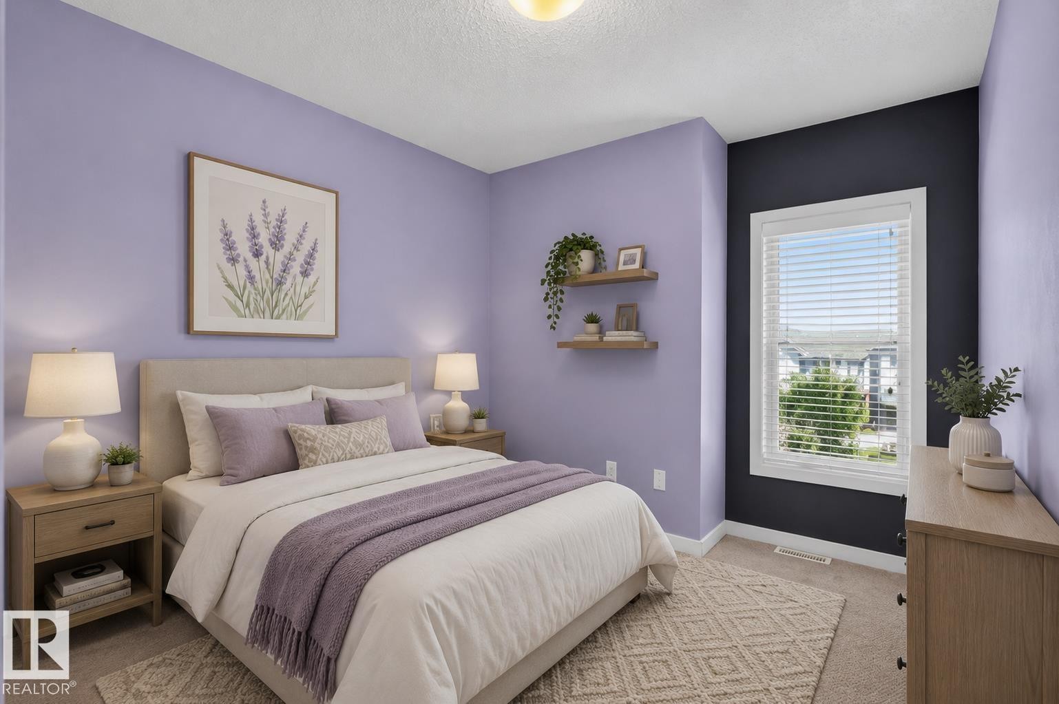 Carpeted bedroom featuring a window with white blinds, floating wall shelves, and an accent wall - 24 655 Watt Boulevard, Edmonton, AB