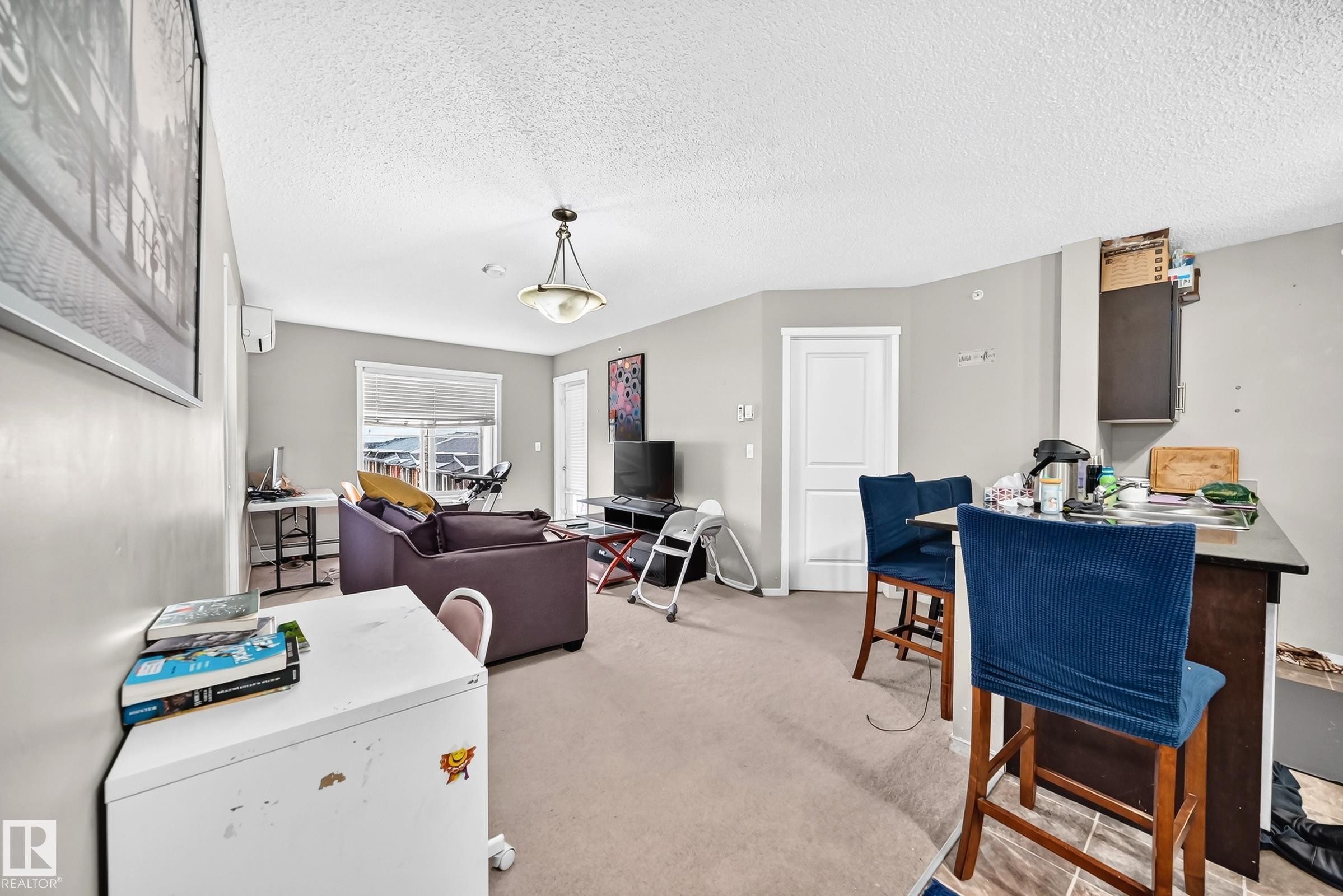Open-concept living area with neutral carpeting, light gray walls, and a textured ceiling - #417 1510 Watt Dr Sw, Edmonton, AB - Indoor
