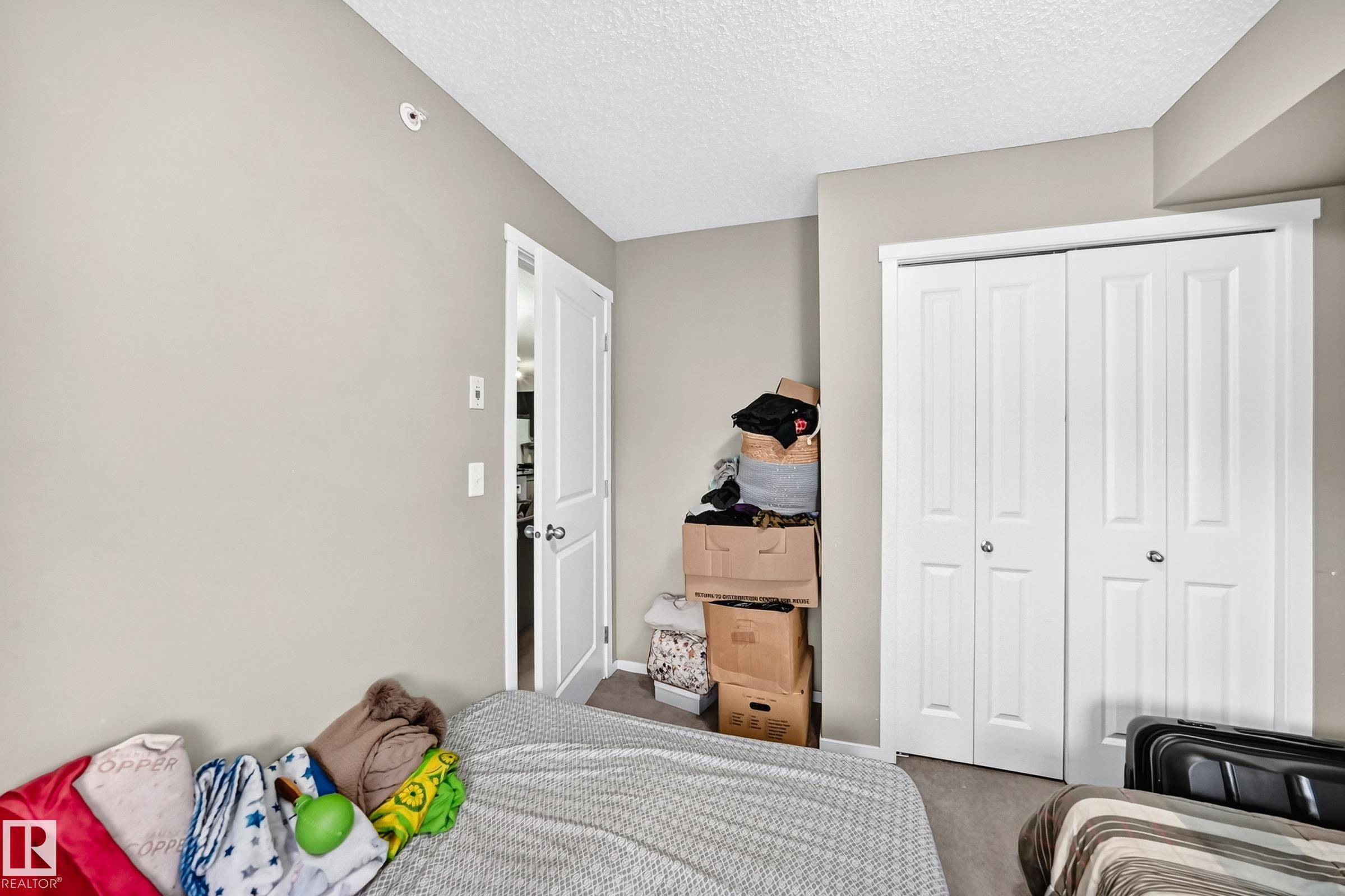 Neutral-toned walls complement the textured ceiling - #417 1510 Watt Dr Sw, Edmonton, AB - Indoor Photo Showing Bedroom