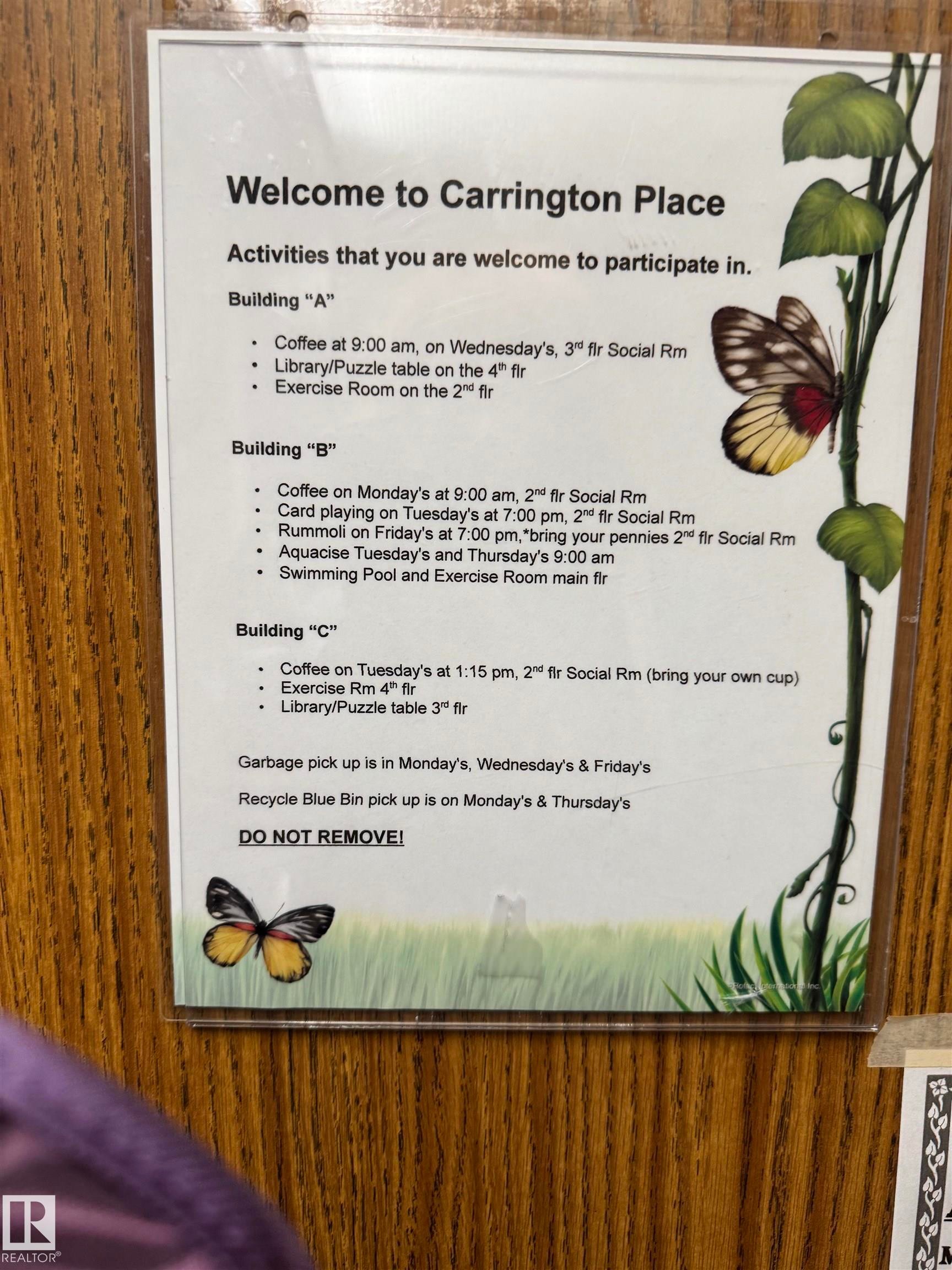 Community Activities Schedule. Providing a listing of events and facility usage times for residents of Carrington Place - 207 18012 95 Avenue, Edmonton, AB