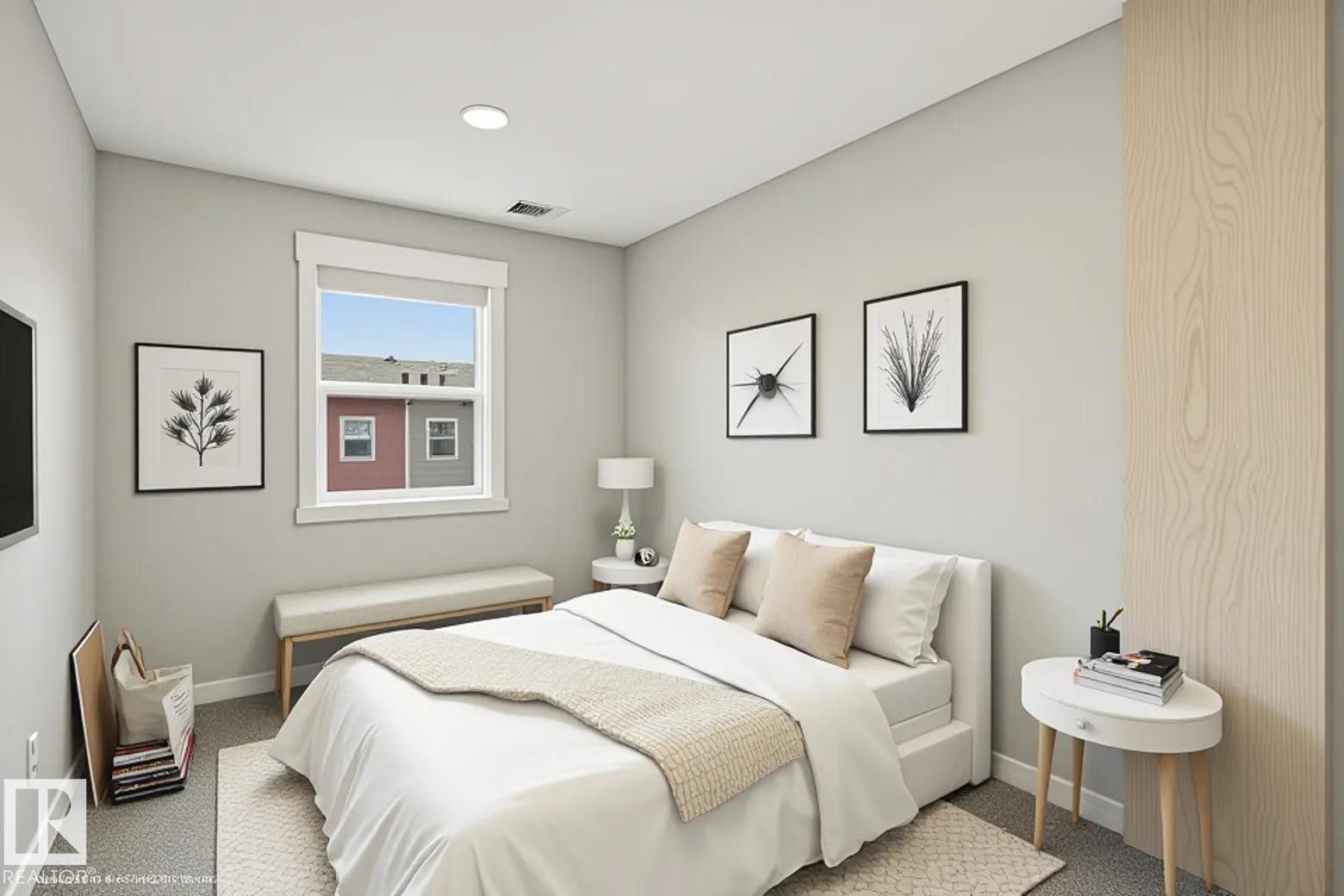 Bright bedroom featuring a single window with white trim, recessed lighting, and light gray wall paint - 36 150 Everitt Dr, St. Albert, AB - Indoor Photo Showing Bedroom