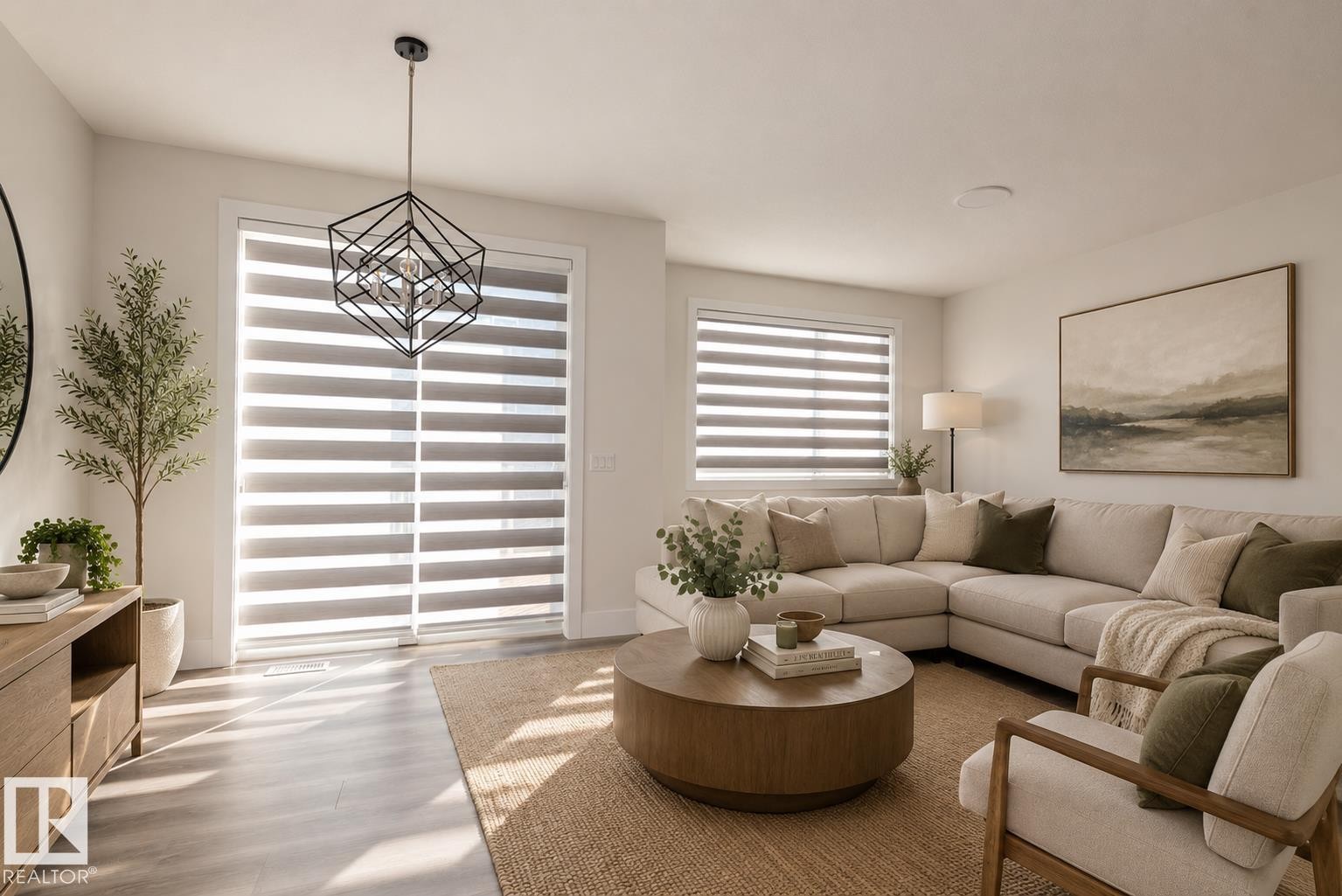 Bright living area featuring wood-finish flooring, a contemporary geometric chandelier, and full-height sliding glass doors with horizontal blinds - 2635 Donaghey Crescent, Edmonton, AB