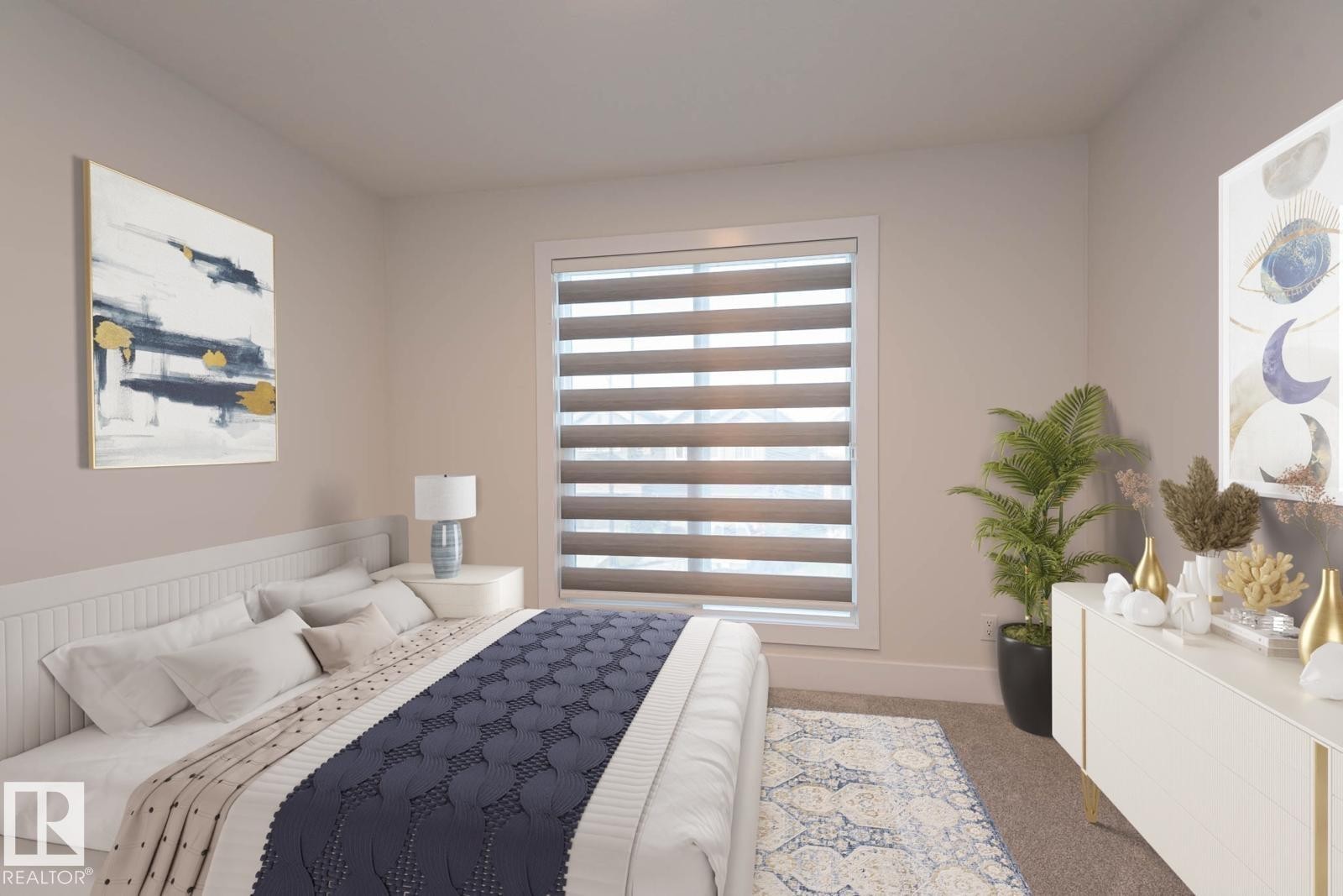 Recessed window with layered horizontal blinds, light-toned walls, and neutral carpeting - 2635 Donaghey Crescent, Edmonton, AB