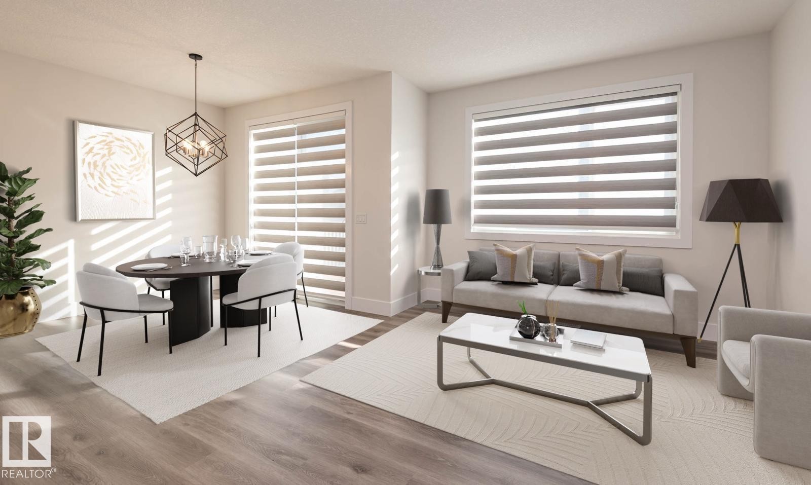 Open-concept living space featuring wood-finish flooring, recessed lighting, and large windows with horizontal blinds - 2635 Donaghey Crescent, Edmonton, AB