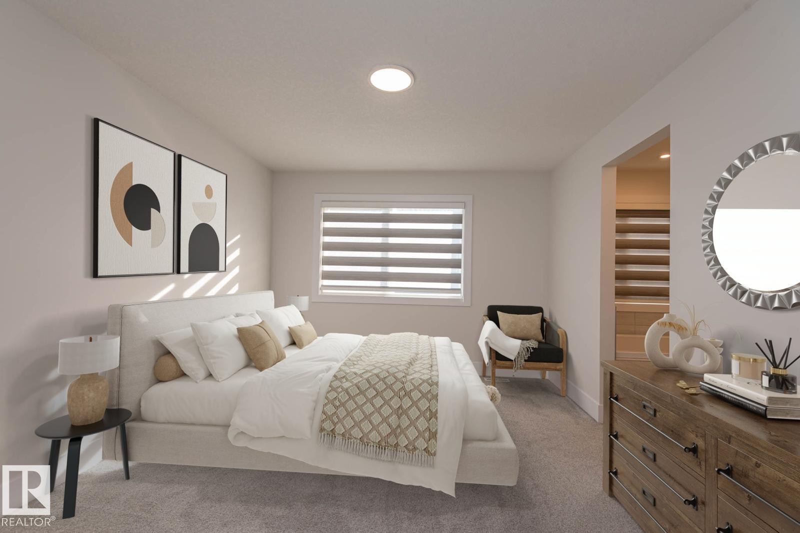 Recessed ceiling lighting, window with horizontal blinds, and a built-in closet with shelving - 2635 Donaghey Crescent, Edmonton, AB