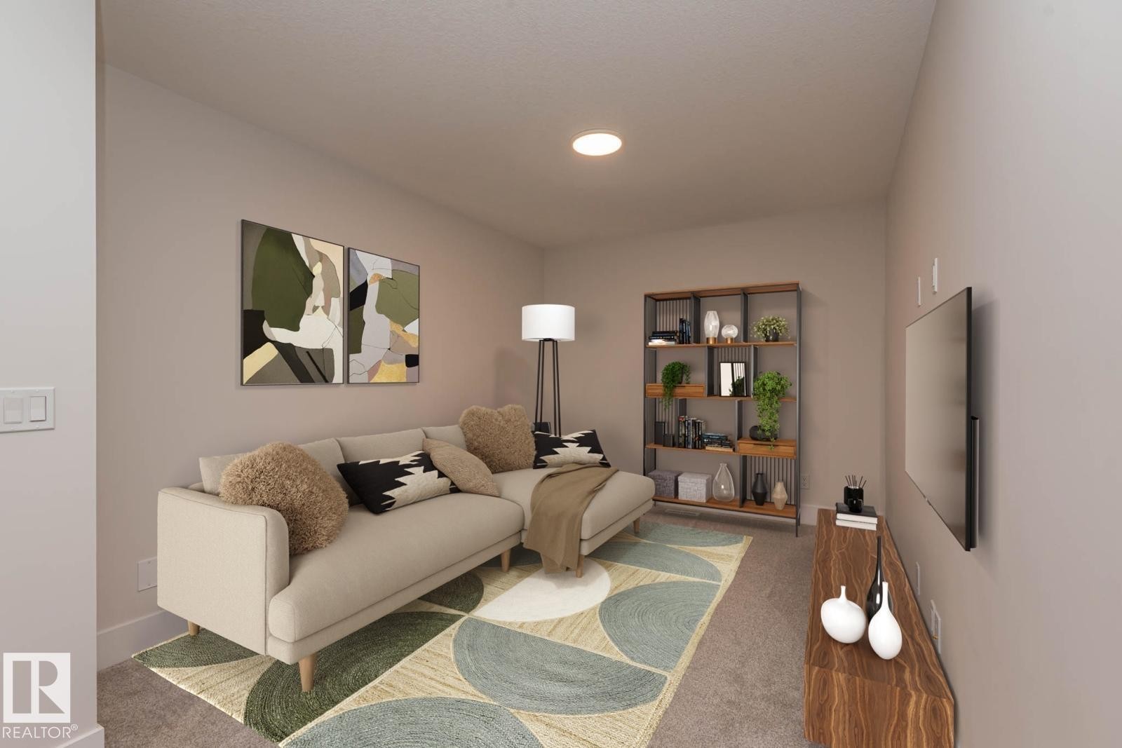 Carpeted living space with recessed ceiling lighting - 2635 Donaghey Crescent, Edmonton, AB