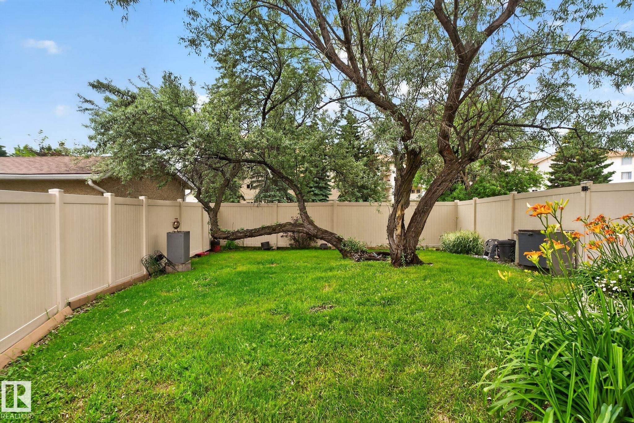 Spacious backyard featuring a manicured lawn, established tree, and flowering plants - 9503 180A Street Nw, Edmonton, AB - Outdoor With Backyard