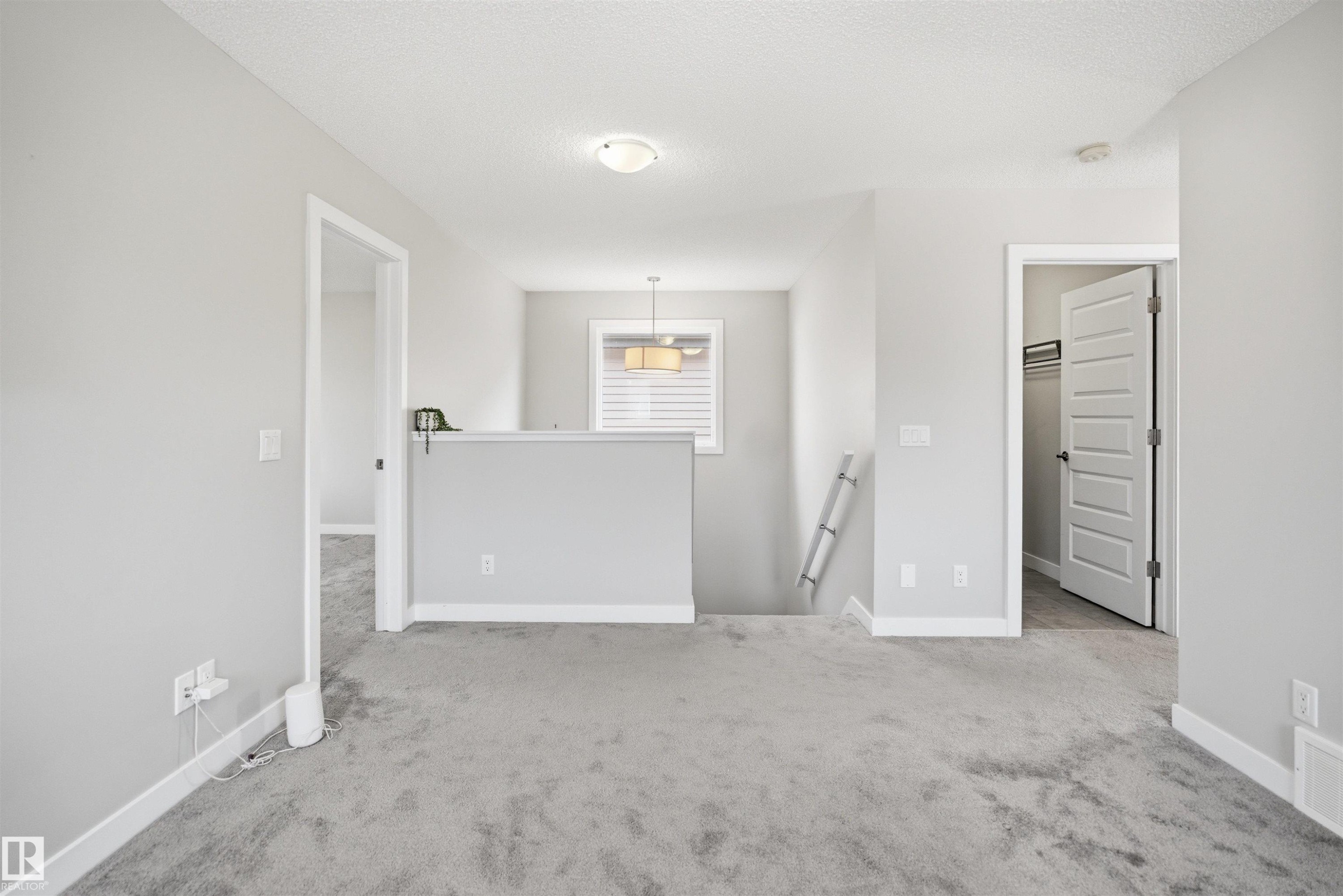 Carpeted loft area with light gray walls, white trim, and a white interior door with dark hardware - 1234 Daniels Crescent, Edmonton, AB - Indoor Photo Showing Other Room