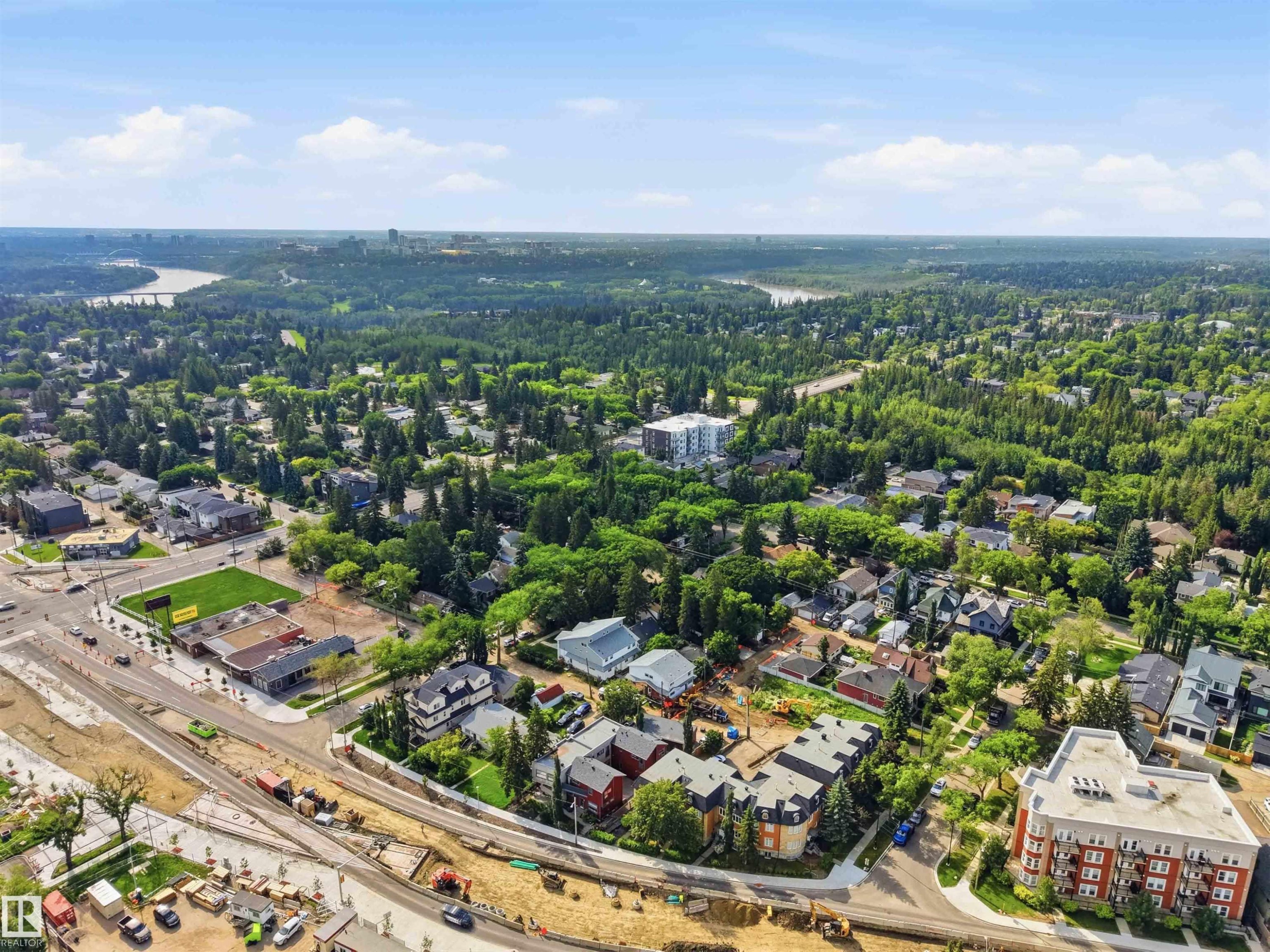 Aerial perspective showcasing a verdant urban landscape with diverse residential architecture and a distant river - #1 14315 Stony Plain Nw, Edmonton, AB - Outdoor With View