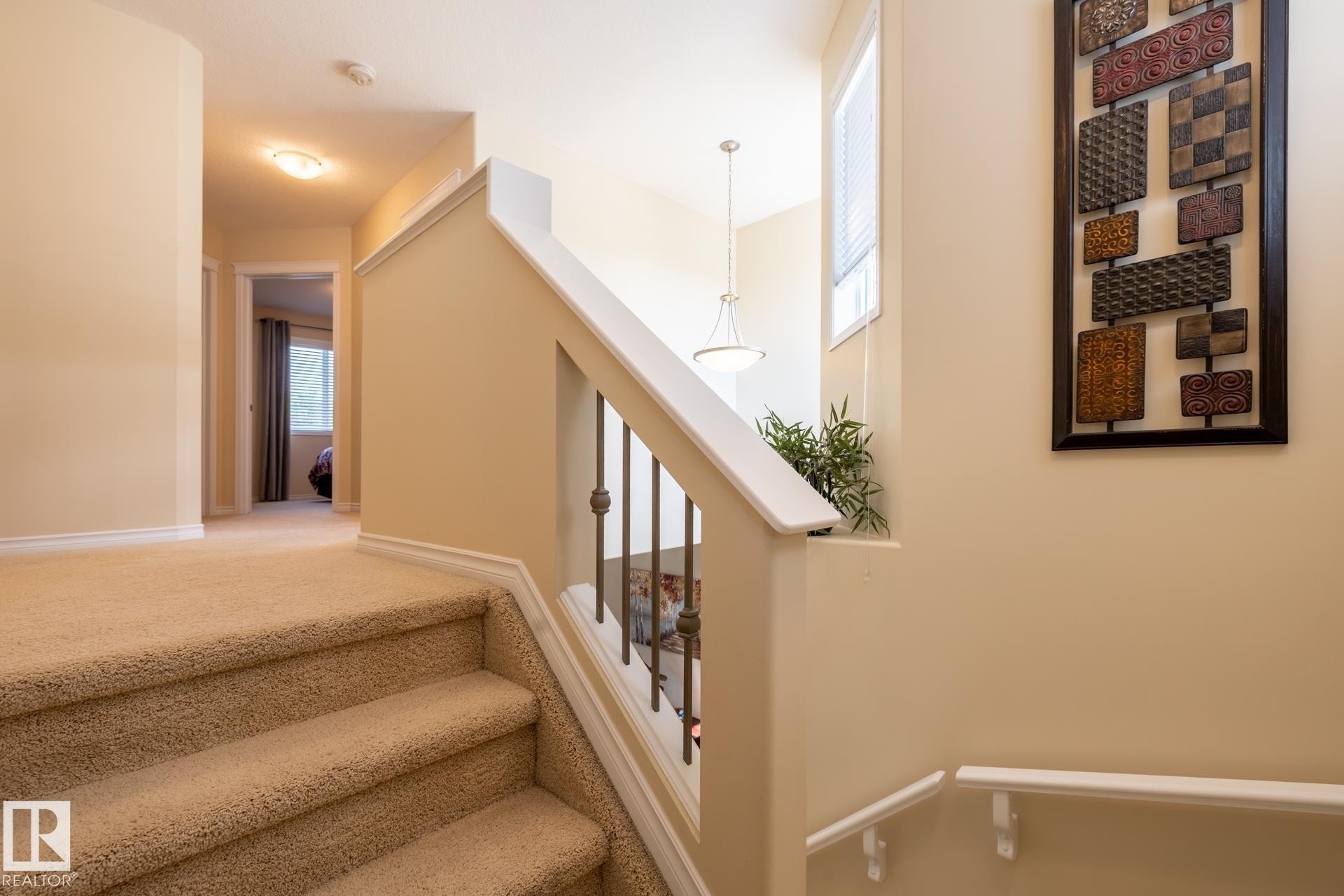 Carpeted staircase featuring white risers and a banister with dark metal balusters - 5820 7 Avenue Sw, Edmonton, AB - Indoor Photo Showing Other Room