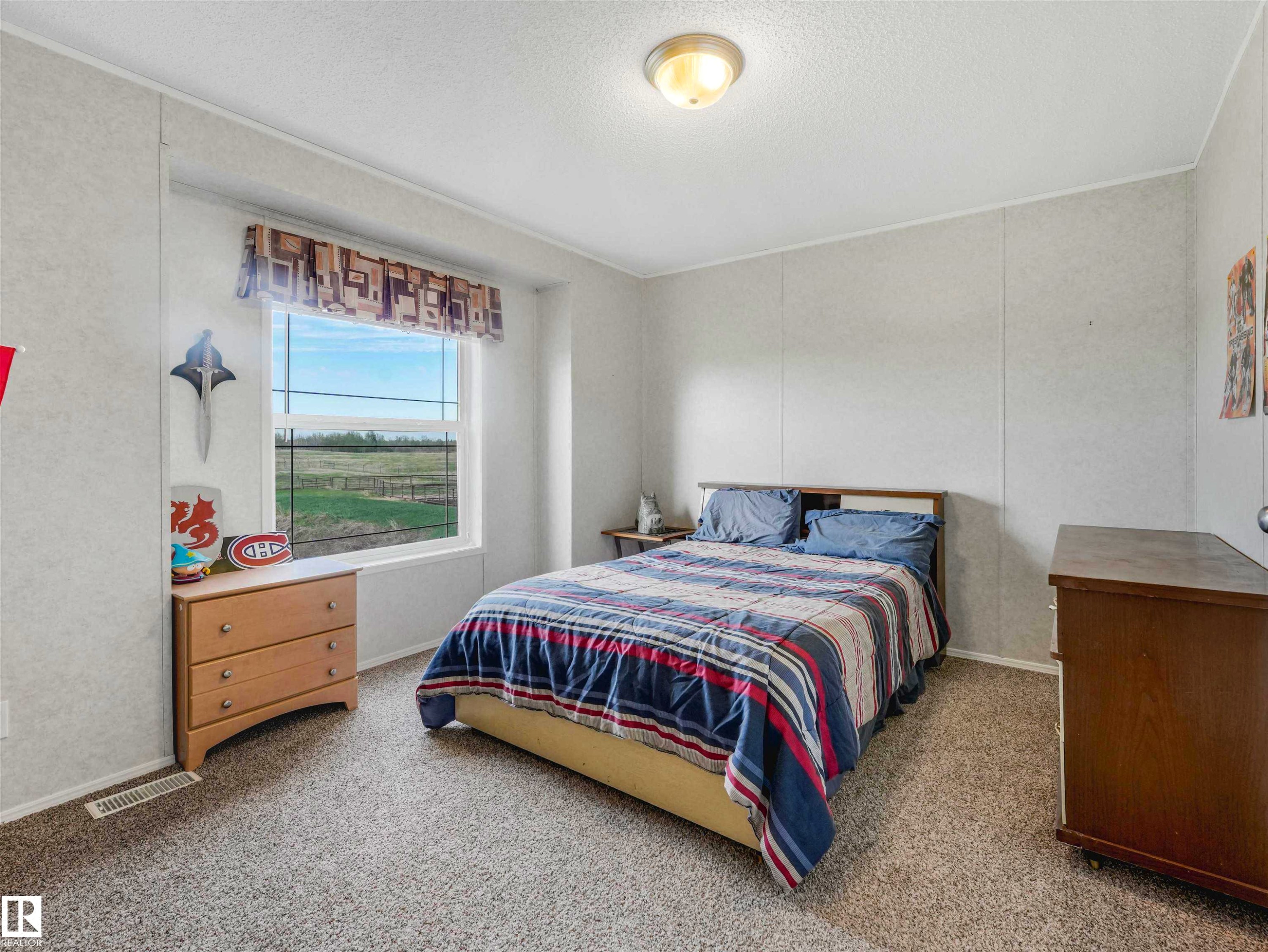Carpeted interior space featuring a window with a field backdrop - 57016 Range Road 13, Rural Barrhead County, AB - Indoor Photo Showing Bedroom