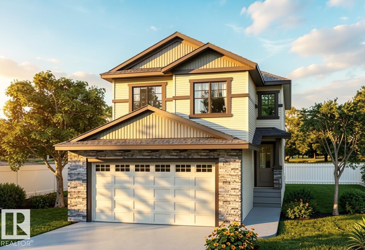 Exterior featuring light-toned siding, stone accents, multiple gables, a two-car garage, and established landscaping - 13 Blackbird Bend, Fort Saskatchewan, AB - Outdoor