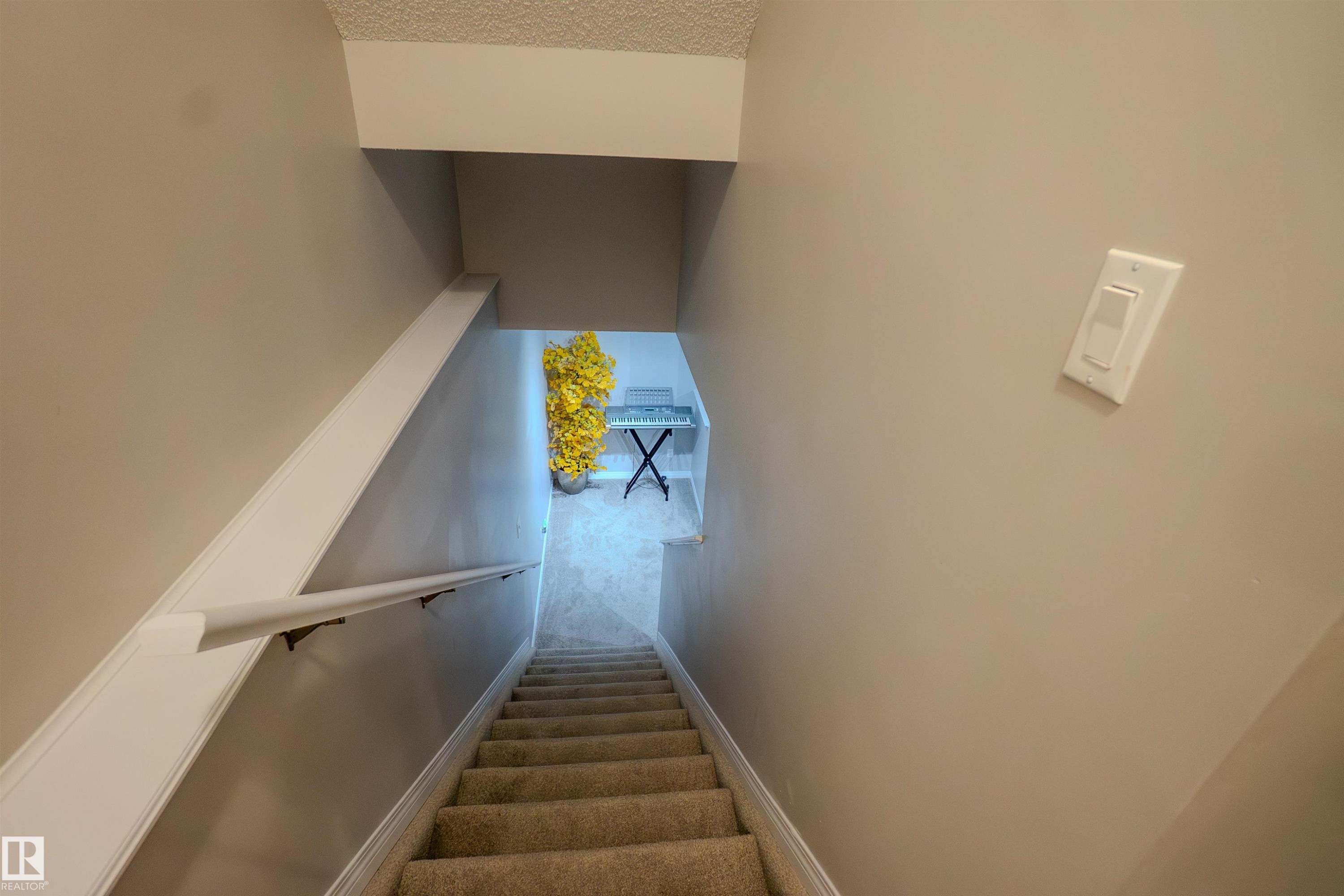 Carpeted staircase with white handrail and neutral wall color - 1766 Dumont Crescent Sw, Edmonton, AB - Indoor Photo Showing Other Room