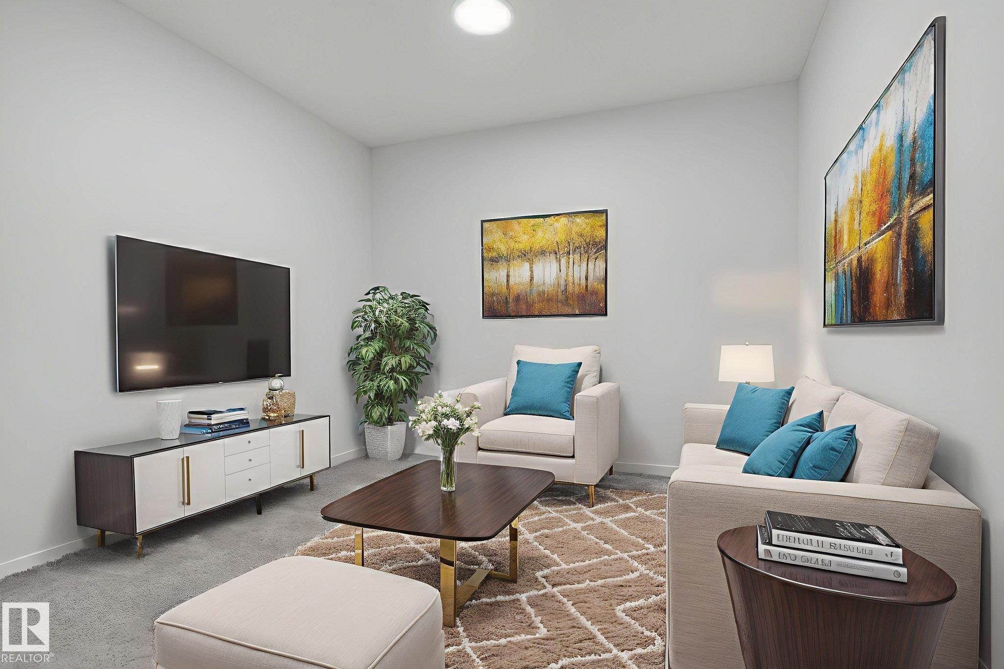 Neutral-toned living space featuring light gray walls and plush gray carpeting - 264 Orchards Boulevard Sw, Edmonton, AB - Indoor Photo Showing Living Room