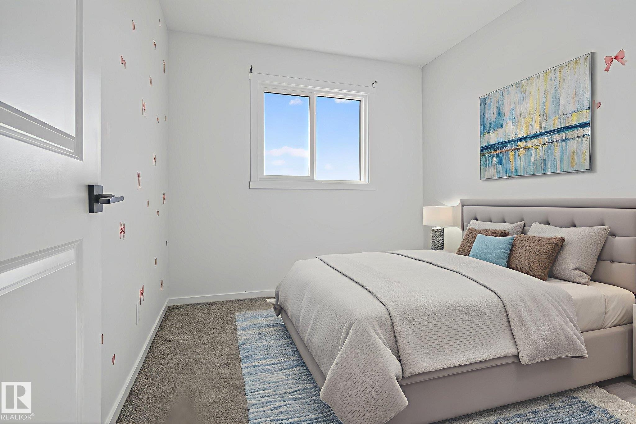 White interior walls with a single window, dark gray carpeting, and white baseboards - 264 Orchards Boulevard Sw, Edmonton, AB - Indoor Photo Showing Bedroom