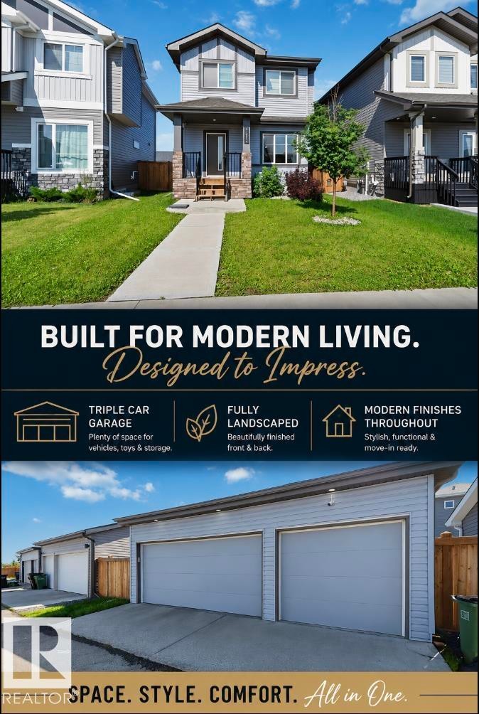 Promotional Material. Highlighting property features including garage capacity, landscape status, and interior finishes - 17924 61 Street Nw, Edmonton, AB - Outdoor With Deck Patio Veranda With Facade