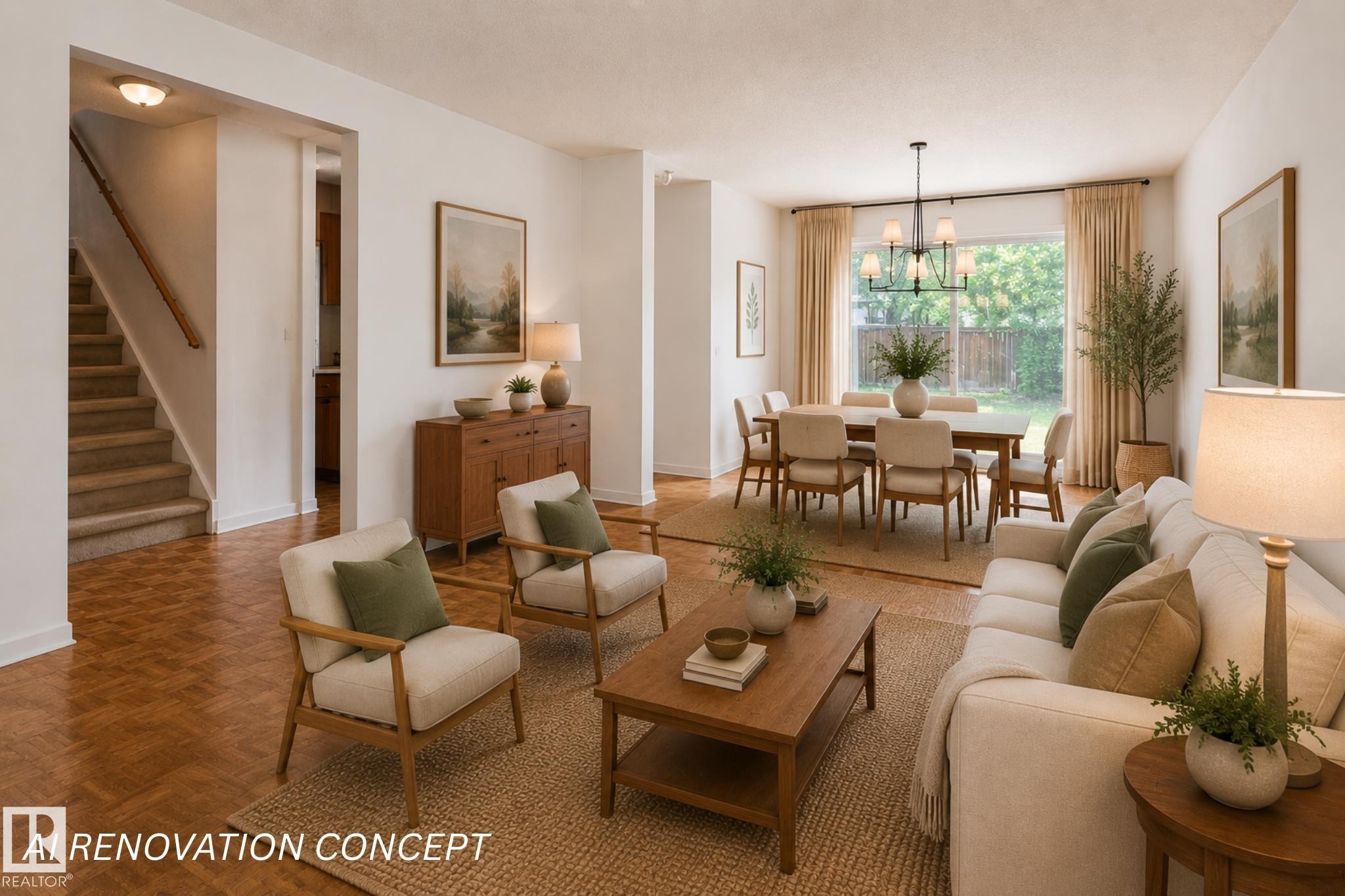 AI Renovation Concept (Not Actual Condition): Digitally enhanced image illustrating potential updates and furnishings. Refer to the preceding photos for the property's current condition. - 17912 77 Avenue, Edmonton, AB