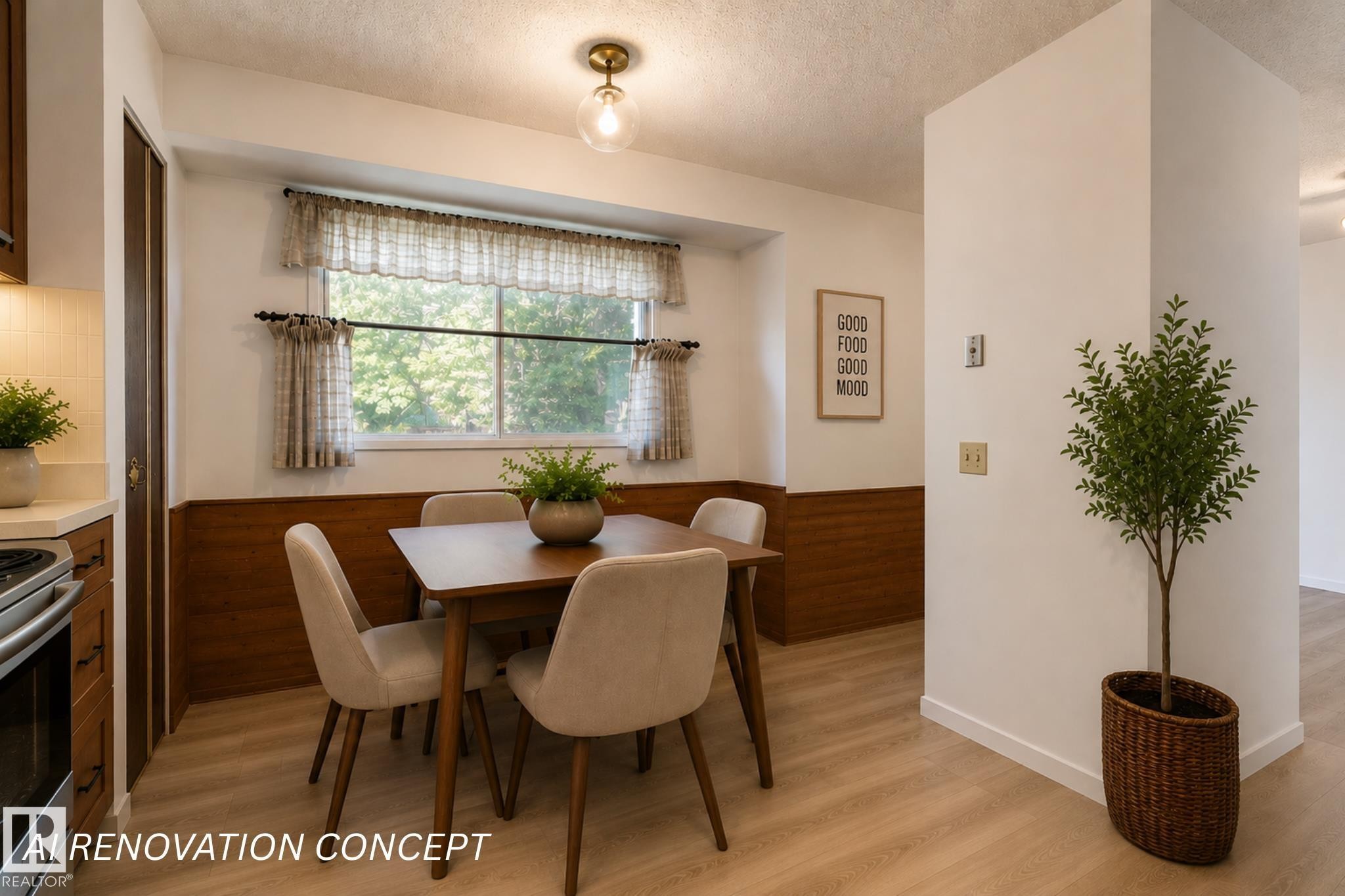 AI Renovation Concept (Not Actual Condition): Digitally enhanced image illustrating potential updates and furnishings. Refer to the preceding photos for the property's current condition. - 17912 77 Avenue, Edmonton, AB