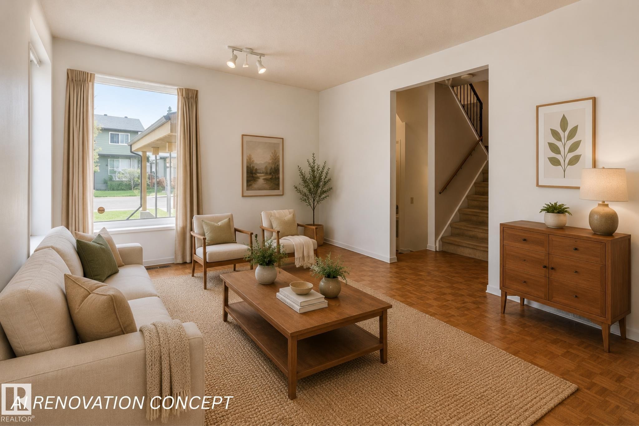AI Renovation Concept (Not Actual Condition): Digitally enhanced image illustrating potential updates and furnishings. Refer to the preceding photos for the property's current condition. - 17912 77 Avenue, Edmonton, AB