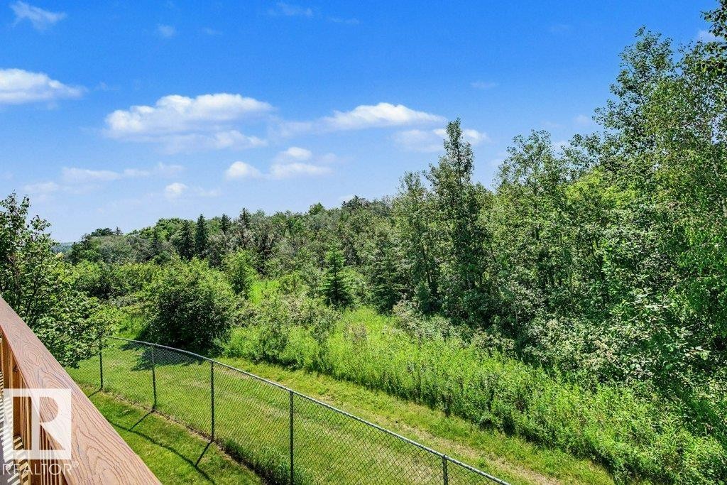Expansive outdoor space featuring a wood-finish railing, a chain-link fence, and a lush, undeveloped landscape with mature trees - #39 2419 133 Av Nw, Edmonton, AB - Outdoor