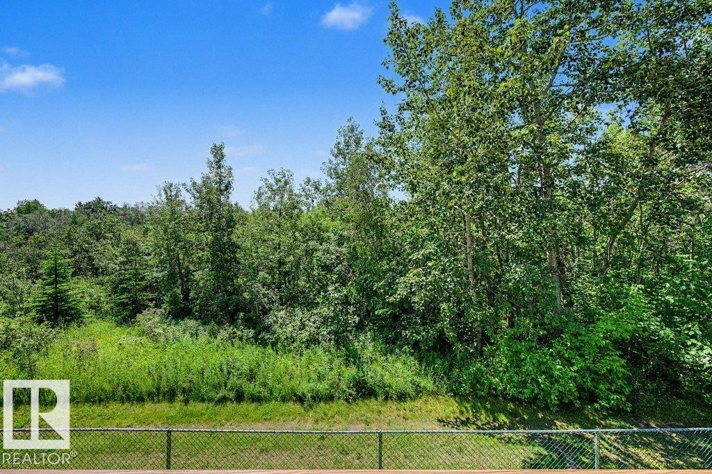 Deck with a chain-link fence overlooking a lush, wooded landscape and natural green space under a clear blue sky - #39 2419 133 Av Nw, Edmonton, AB - Outdoor