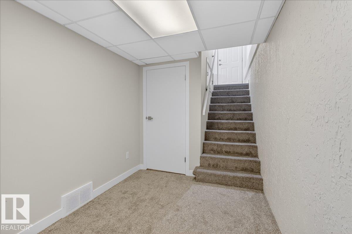 Carpeted staircase with white handrail leading to an upper door - 9723 65 Avenue Nw, Edmonton, AB