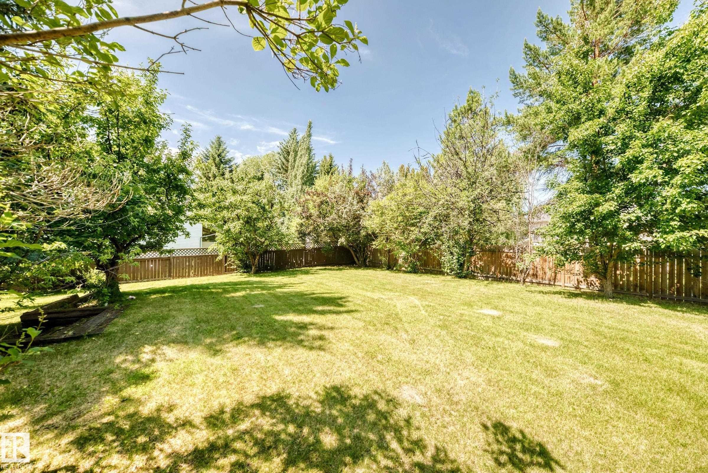 Expansive green lawn surrounded by mature trees, featuring a wood privacy fence - 4208 Ramsay Road Nw, Edmonton, AB - Outdoor