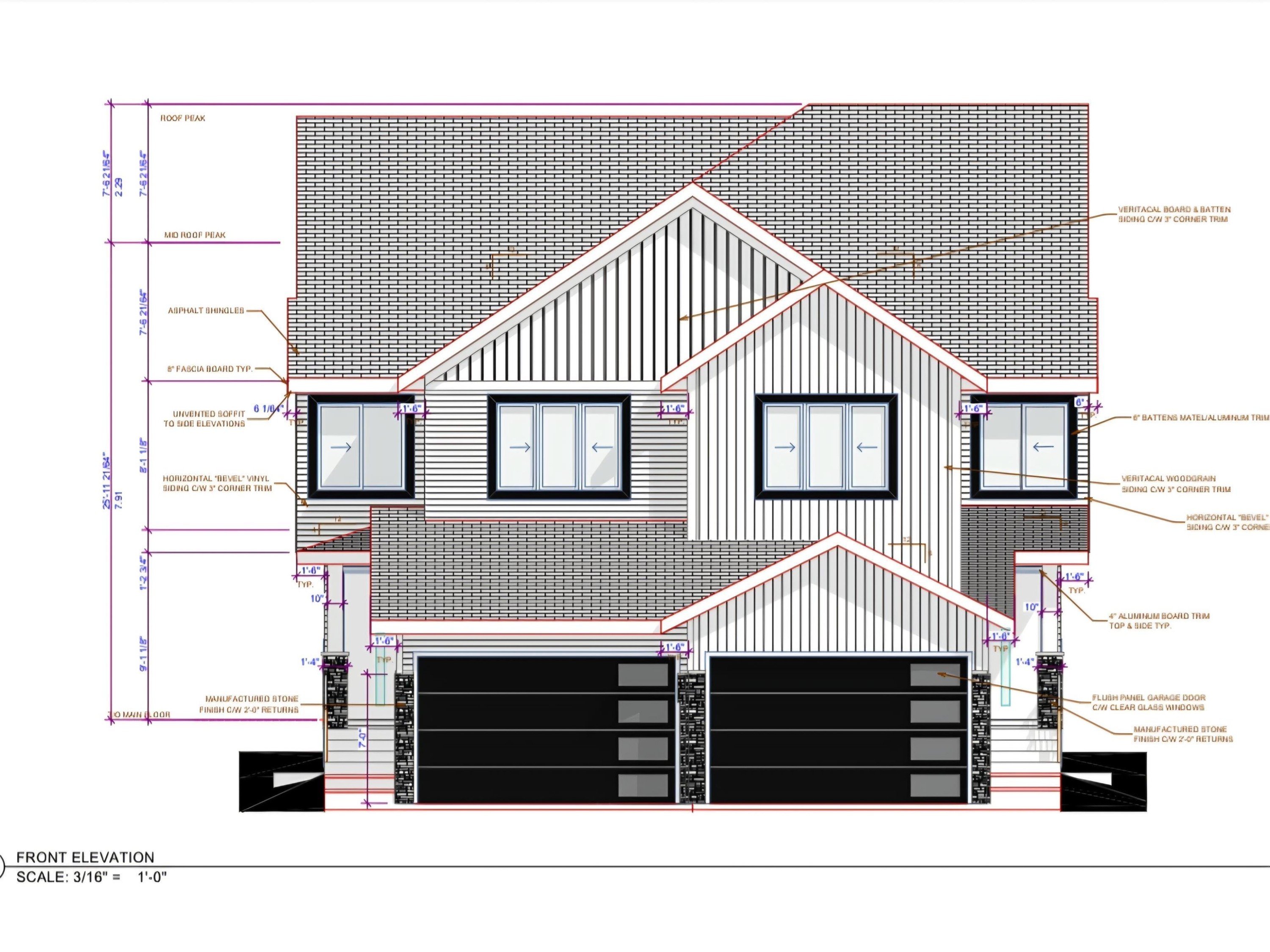 Architectural Drawing, Front Elevation. Outlining the external construction and material specifications for the property - 13110 186 Avenue Nw, Edmonton, AB - Other