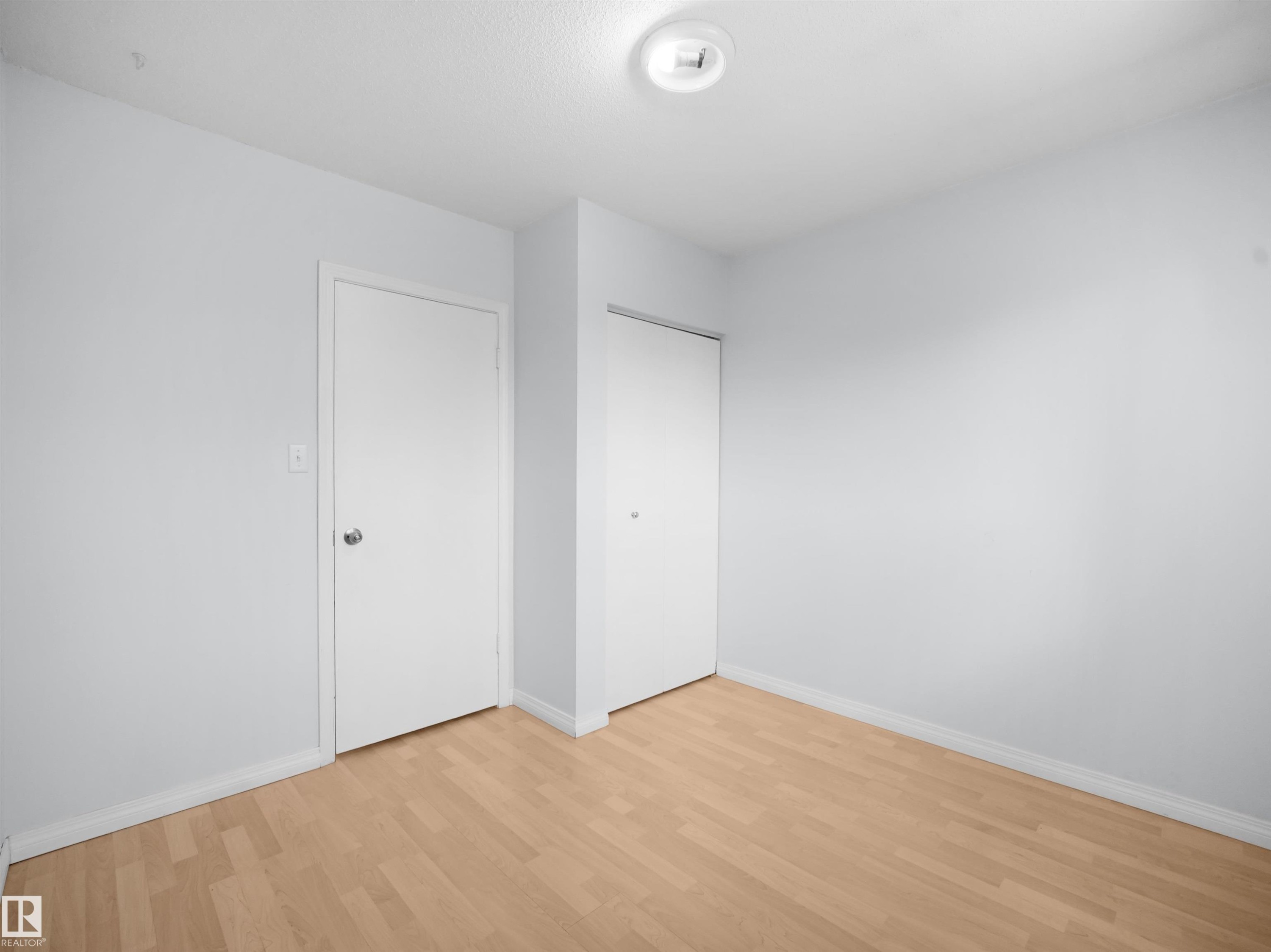 Bright interior room featuring wood-finish flooring, light-toned walls, a flush-mount ceiling light, and two white doors with contrasting hardware - 10446 55 Avenue Nw, Edmonton, AB - Indoor Photo Showing Other Room