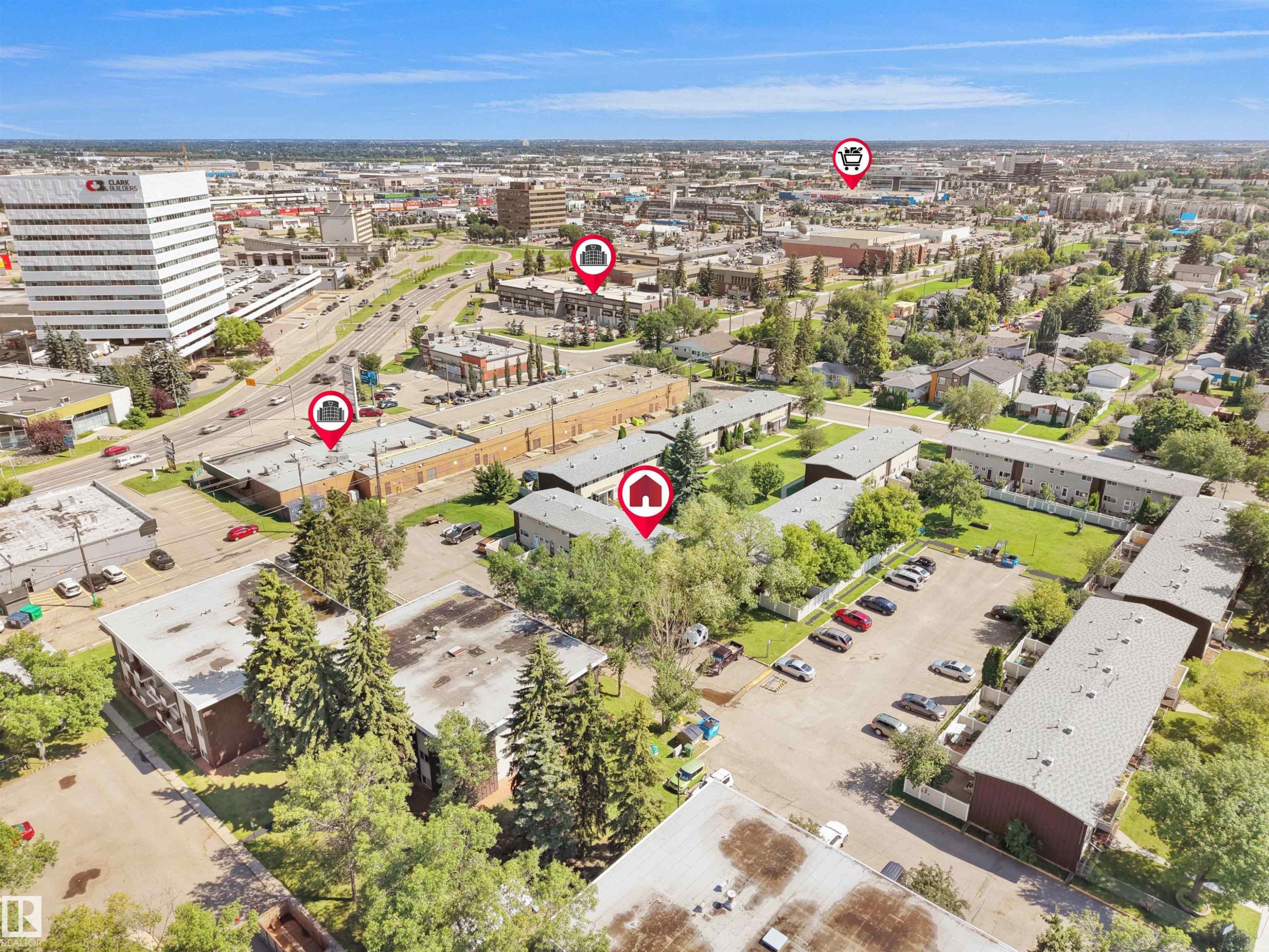 Aerial view showcasing a multi-unit property within an urban environment - 10446 55 Avenue Nw, Edmonton, AB - Outdoor With View