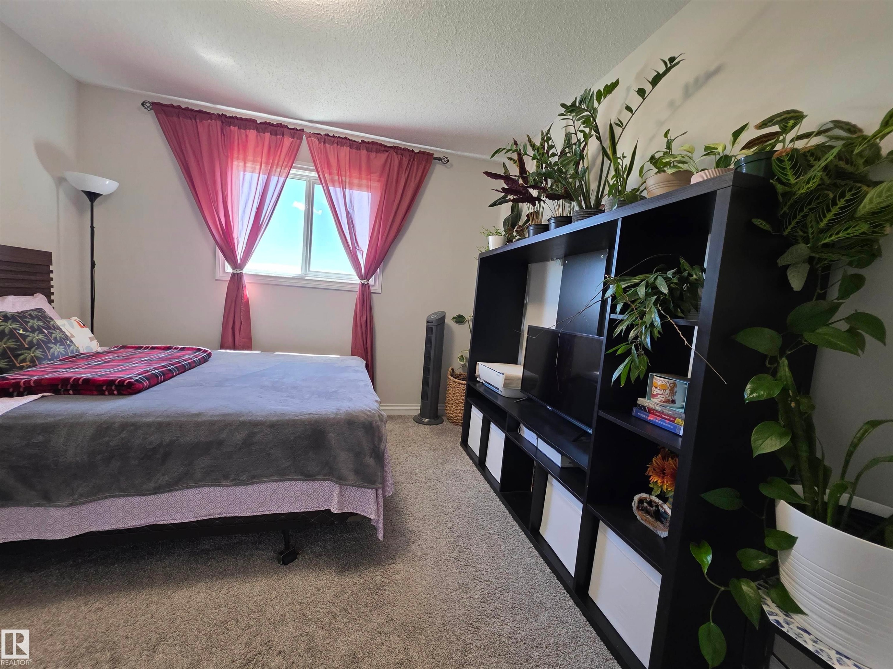 Room featuring light gray carpet flooring and a single window with sheer red drapes - 491 Ebbers Way, Edmonton, AB
