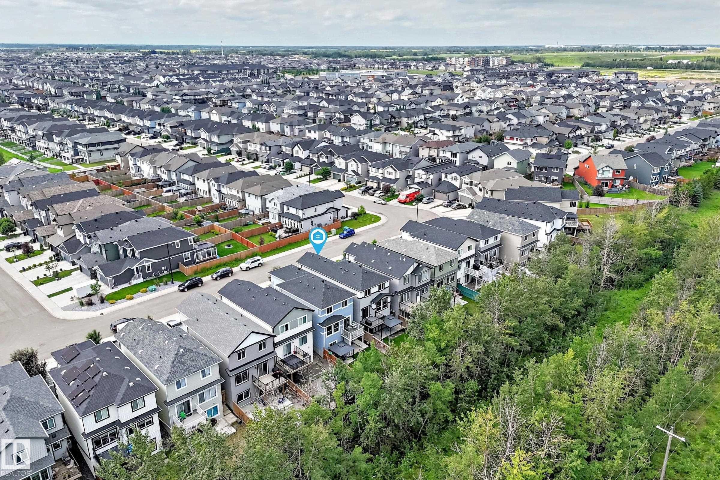 Aerial perspective showcasing a residential neighborhood with numerous detached homes featuring dark shingle roofs and various exterior finishes - 22270 99A Avenue Nw, Edmonton, AB - With View