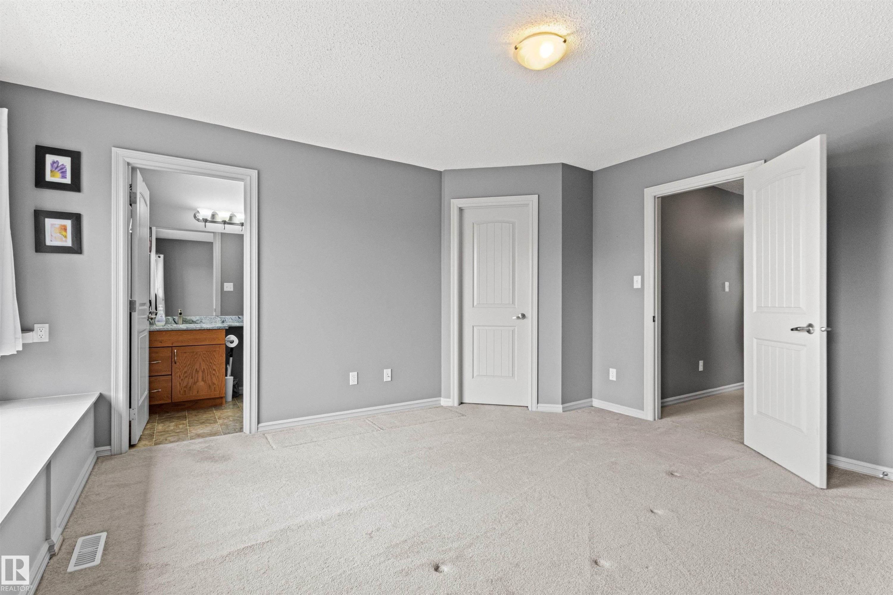 Carpeted room with light grey walls, white trim, and multiple white paneled doors - 1154 35A Avenue Nw, Edmonton, AB - Indoor